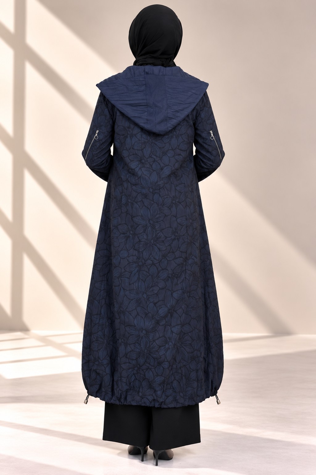 Orhan Store Çiçek Desenli Asimetrik Fermuarlı Uzun Kap Lacivert OTW1699