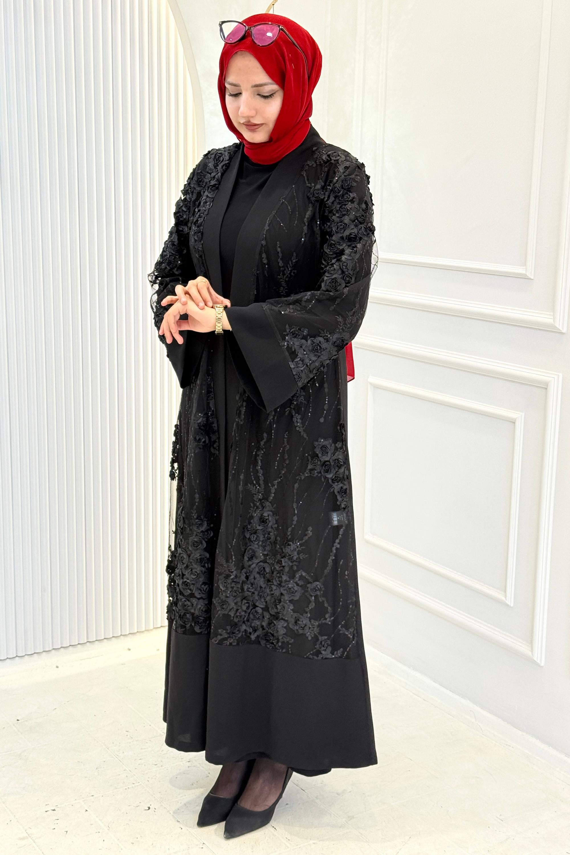 Orhan Store Çiçek İşlemeli Abaya Takım Siyah OTW2873