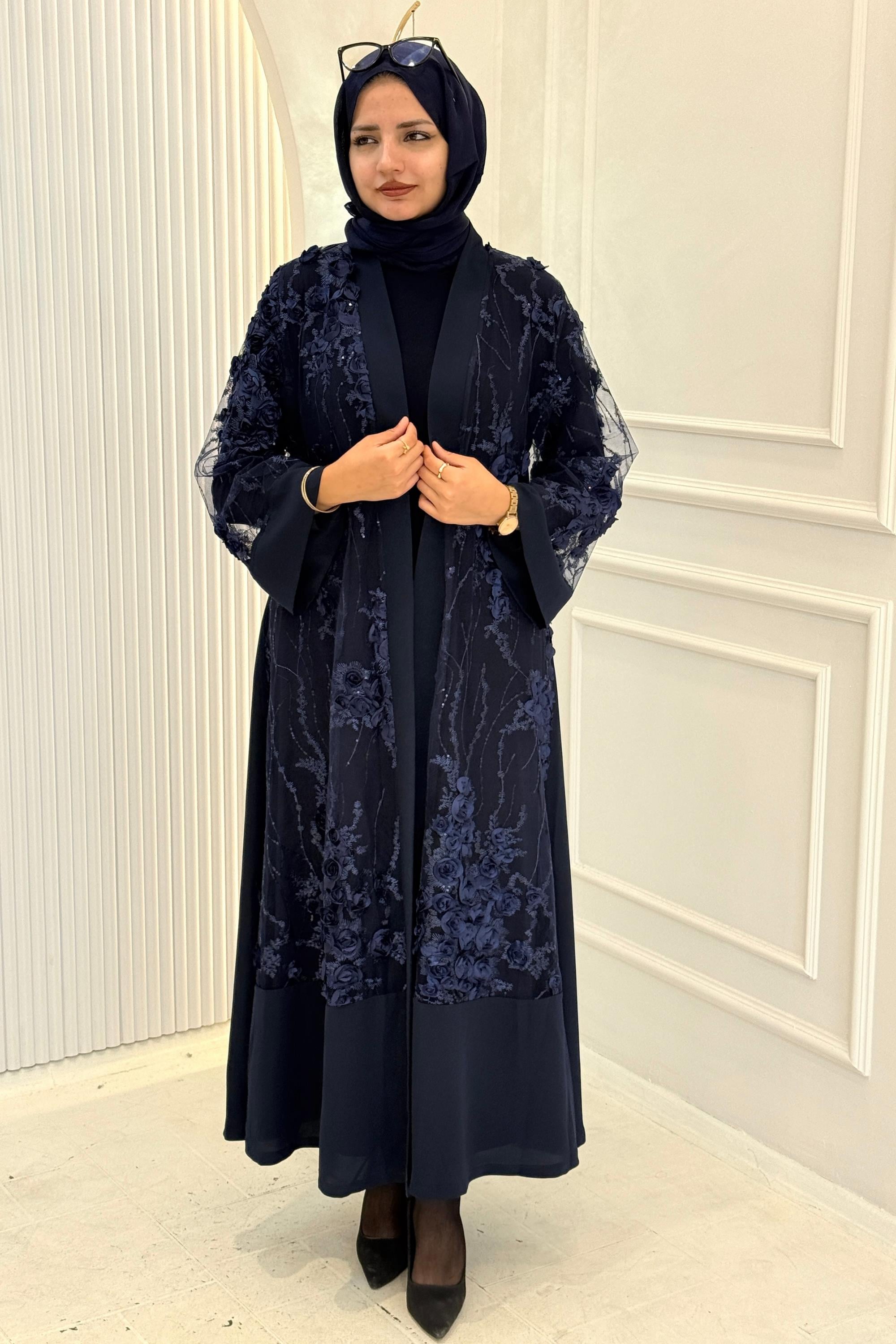 Orhan Store Çiçek İşlemeli Abaya Takım Lacivert OTW2873