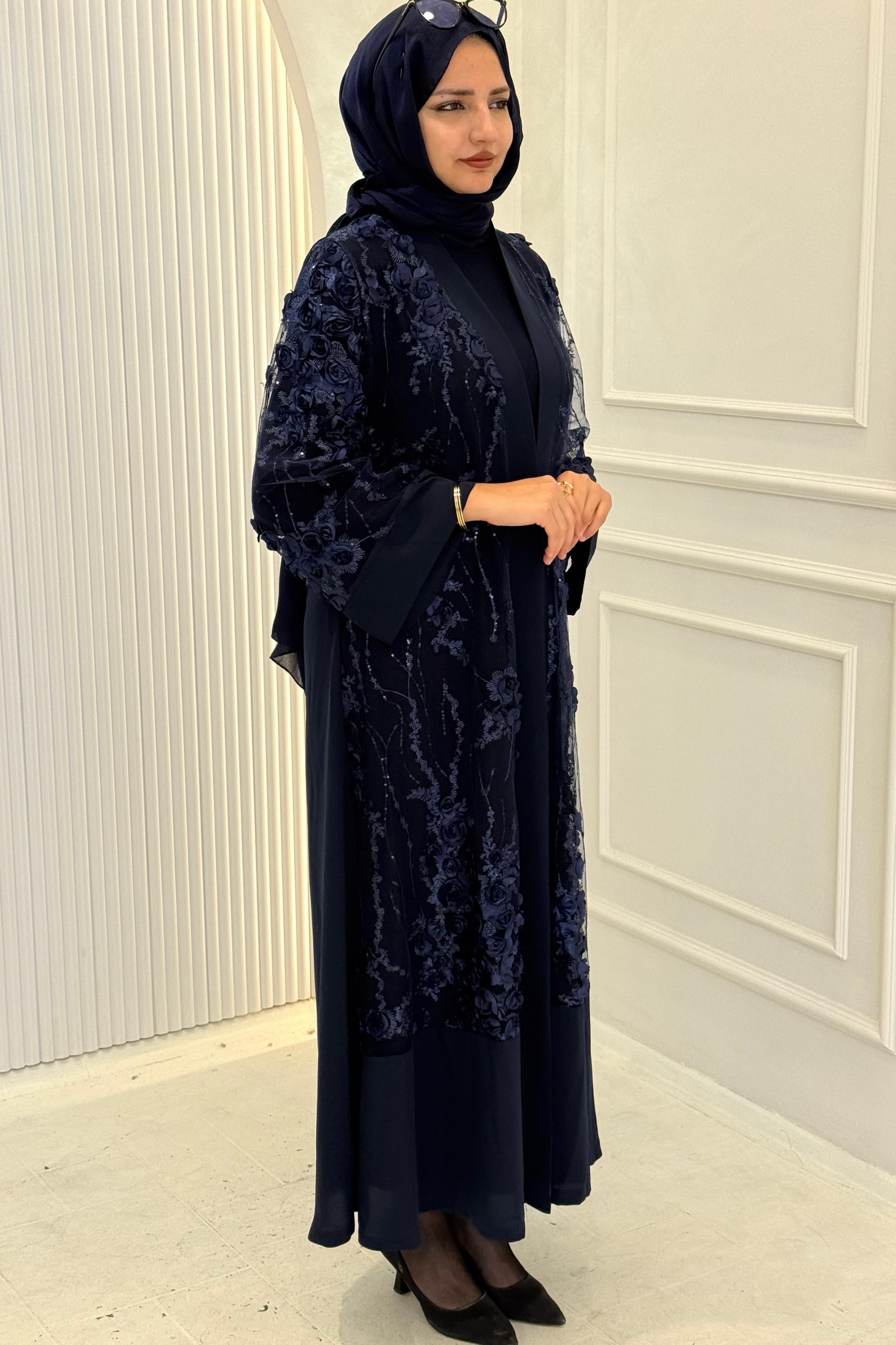 Orhan Store Çiçek İşlemeli Abaya Takım Lacivert OTW2873