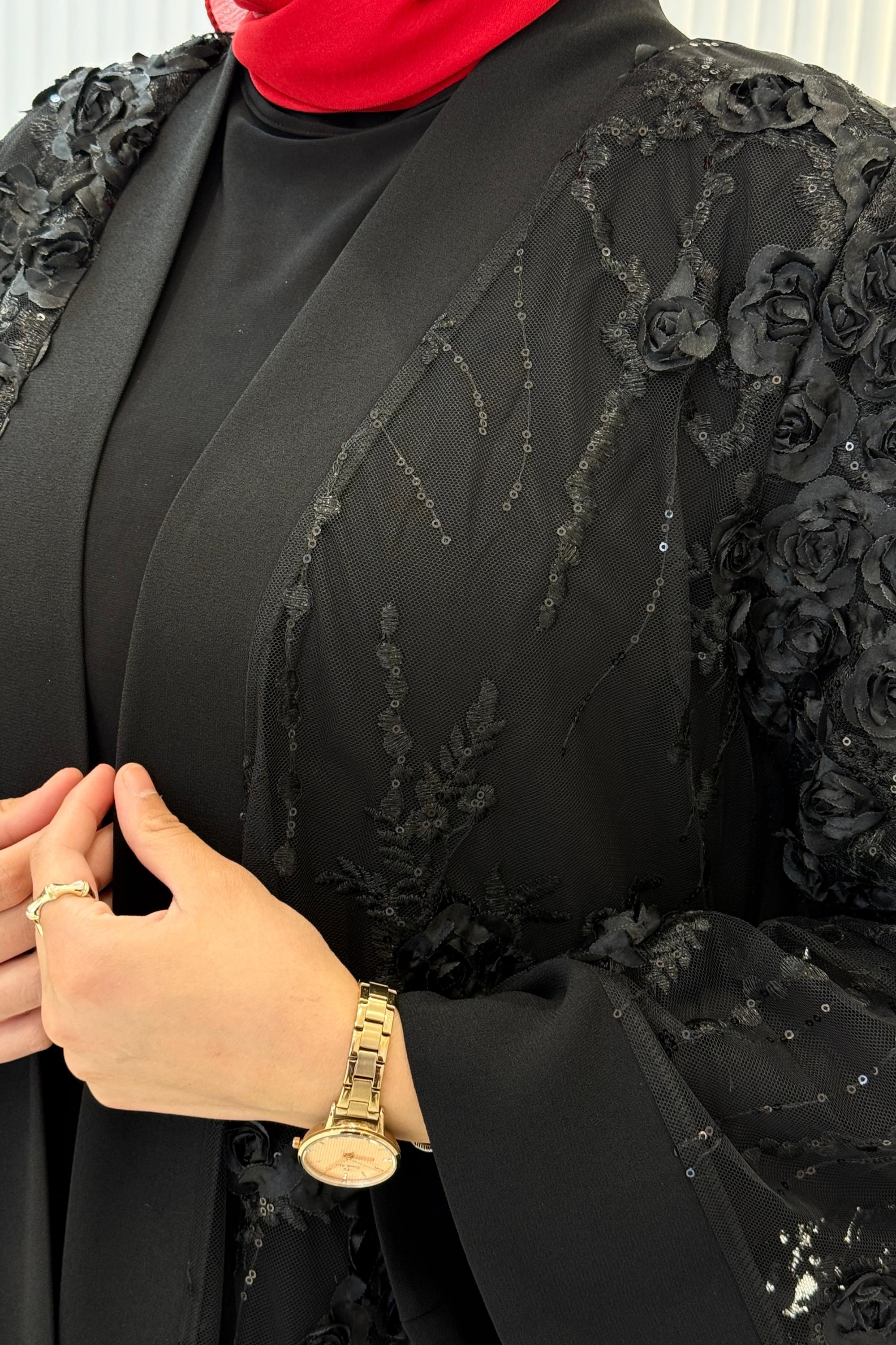 Orhan Store Çiçek İşlemeli Abaya Takım Siyah OTW2873