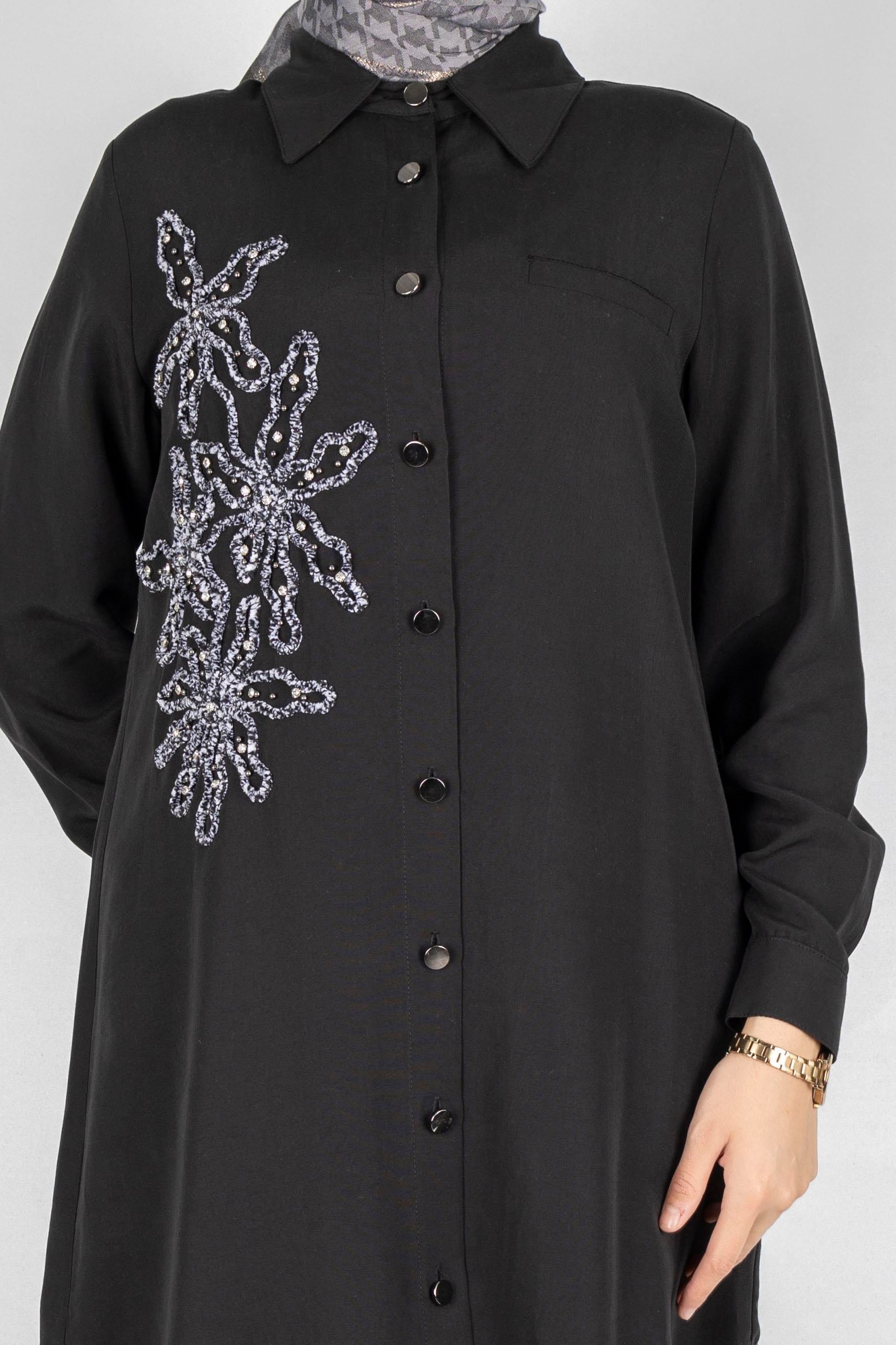 Orhan Store Çiçek İşlemeli Düğmeli Pantolonlu Takım Siyah OTW2703