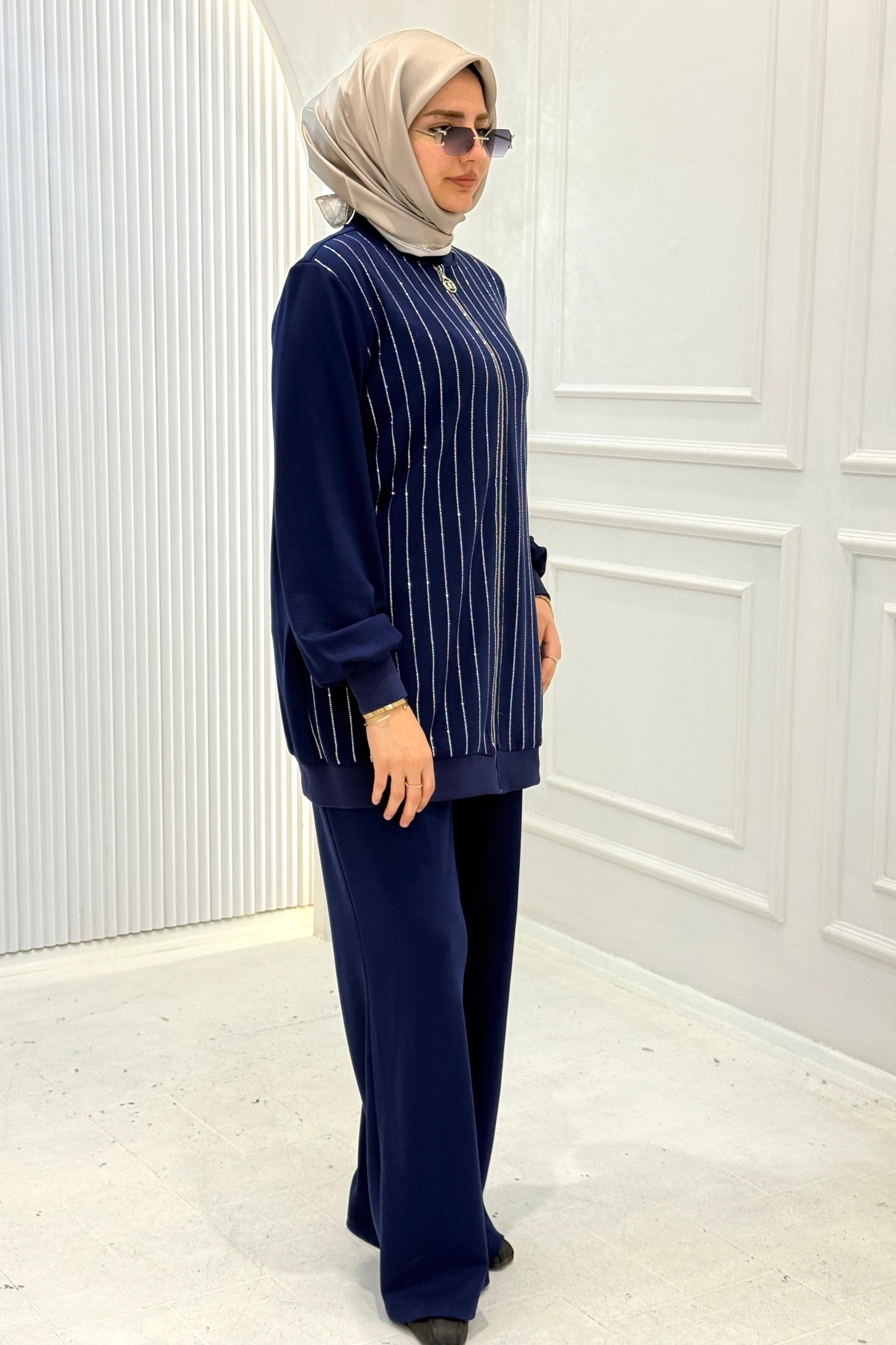 Orhan Store Çizgi Taşlı Çelik Örme Tesettür Takım Parlement OTW2726