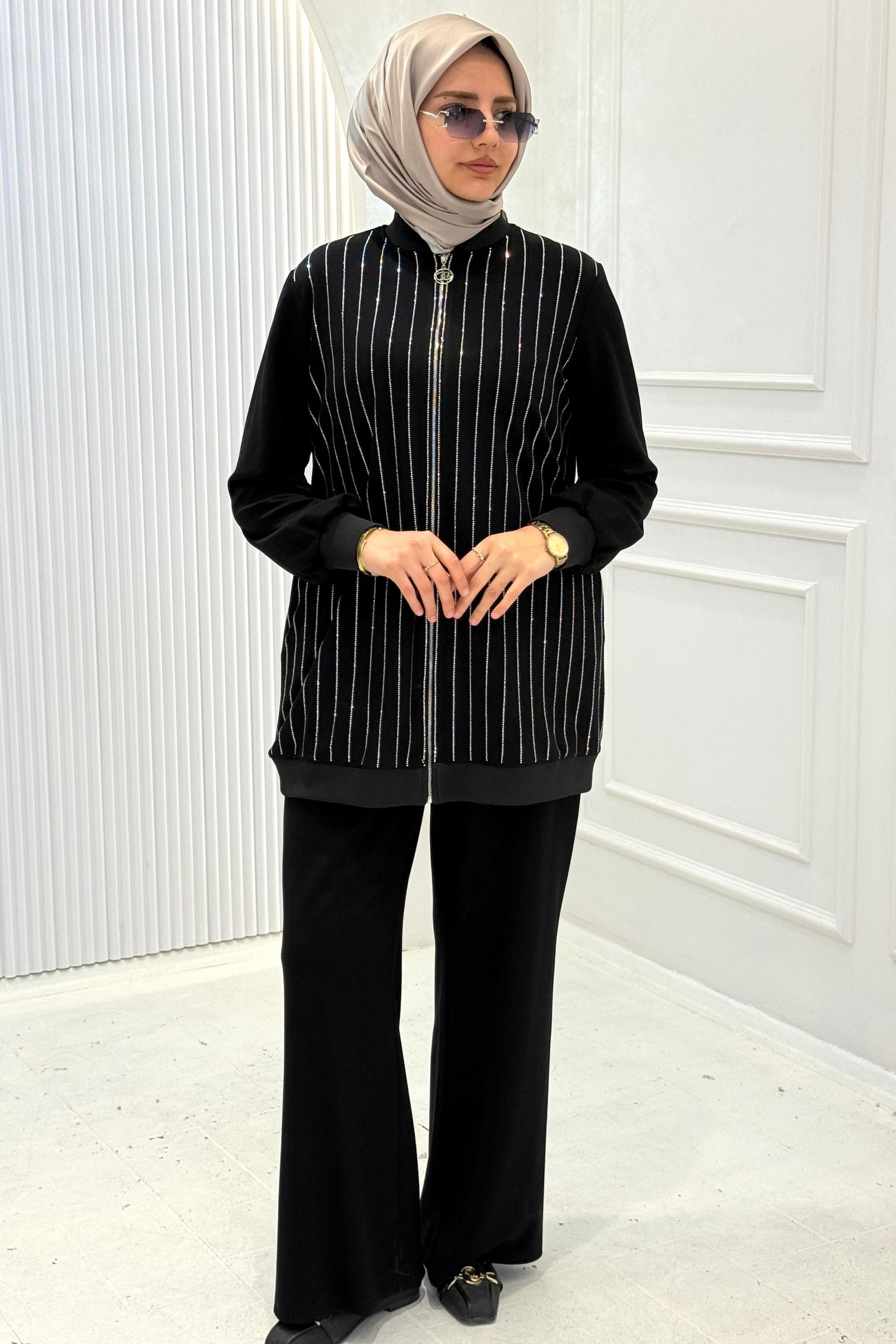 Orhan Store Çizgi Taşlı Çelik Örme Tesettür Takım Siyah OTW2726