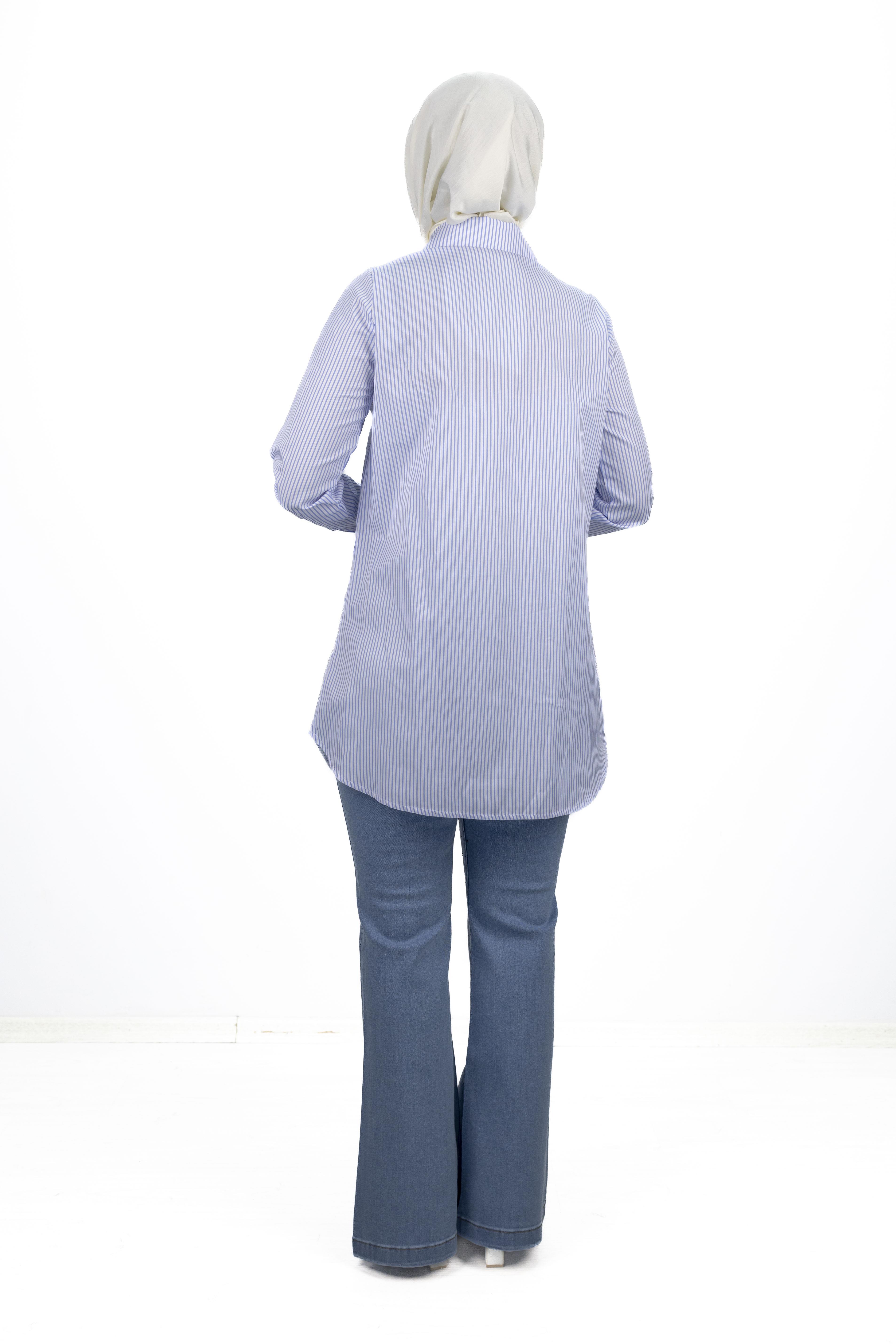 Orhan Store Dantel Aplike Detaylı Gömlek Mavi-Beyaz OTW1237