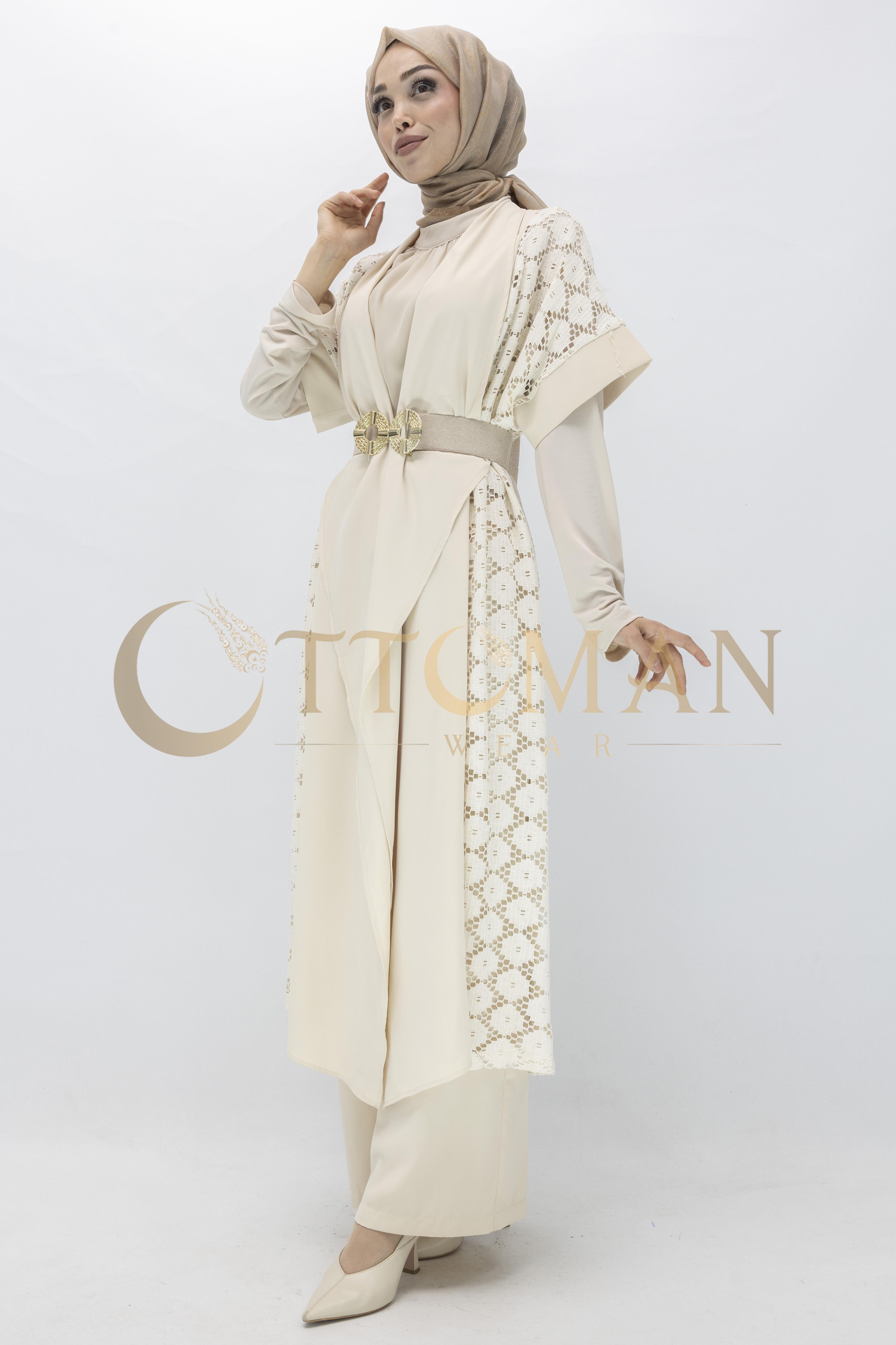Orhan Store Dantel Yelekli Pantolonlu Takım Bej OTW2039