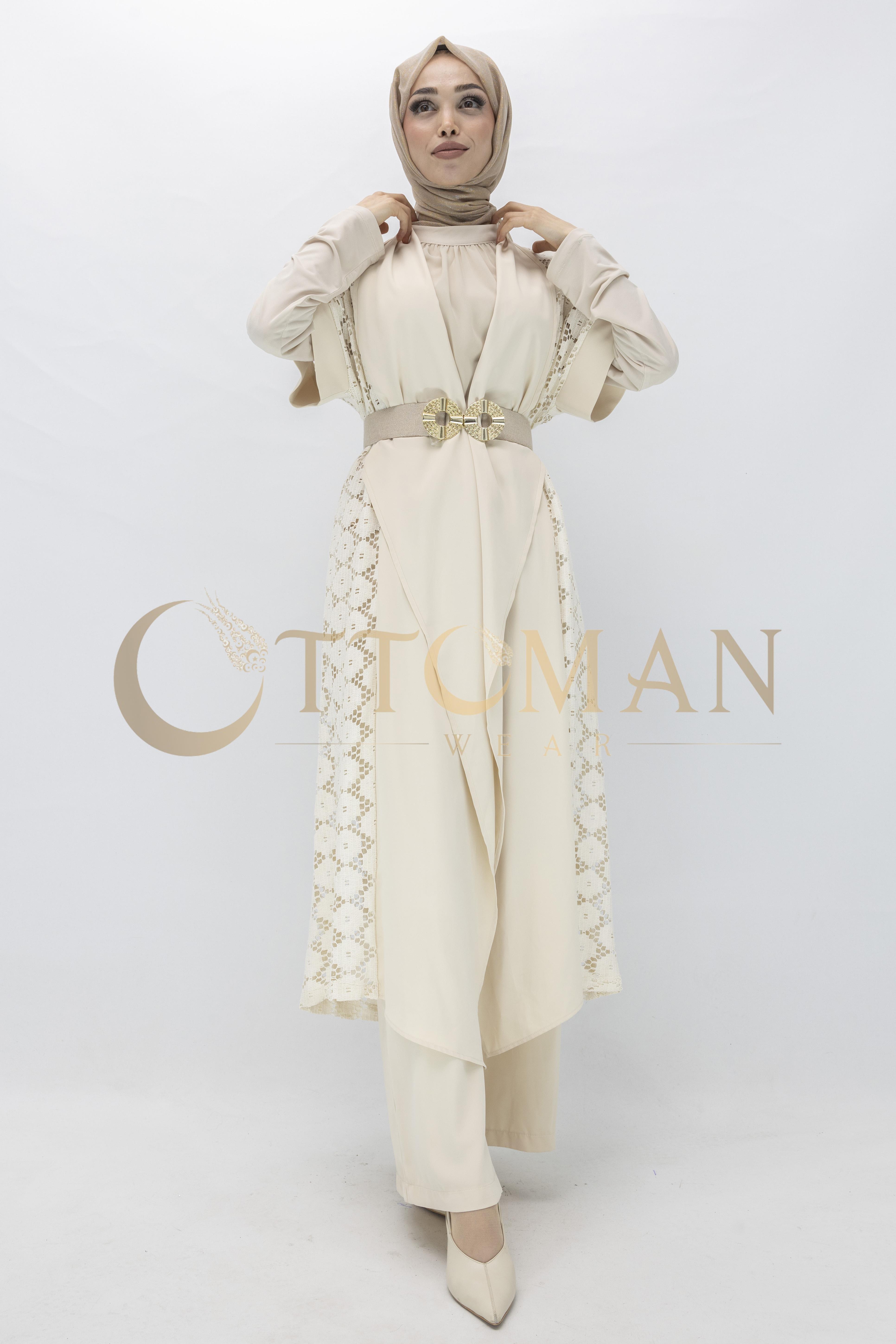 Orhan Store Dantel Yelekli Pantolonlu Takım Bej OTW2039