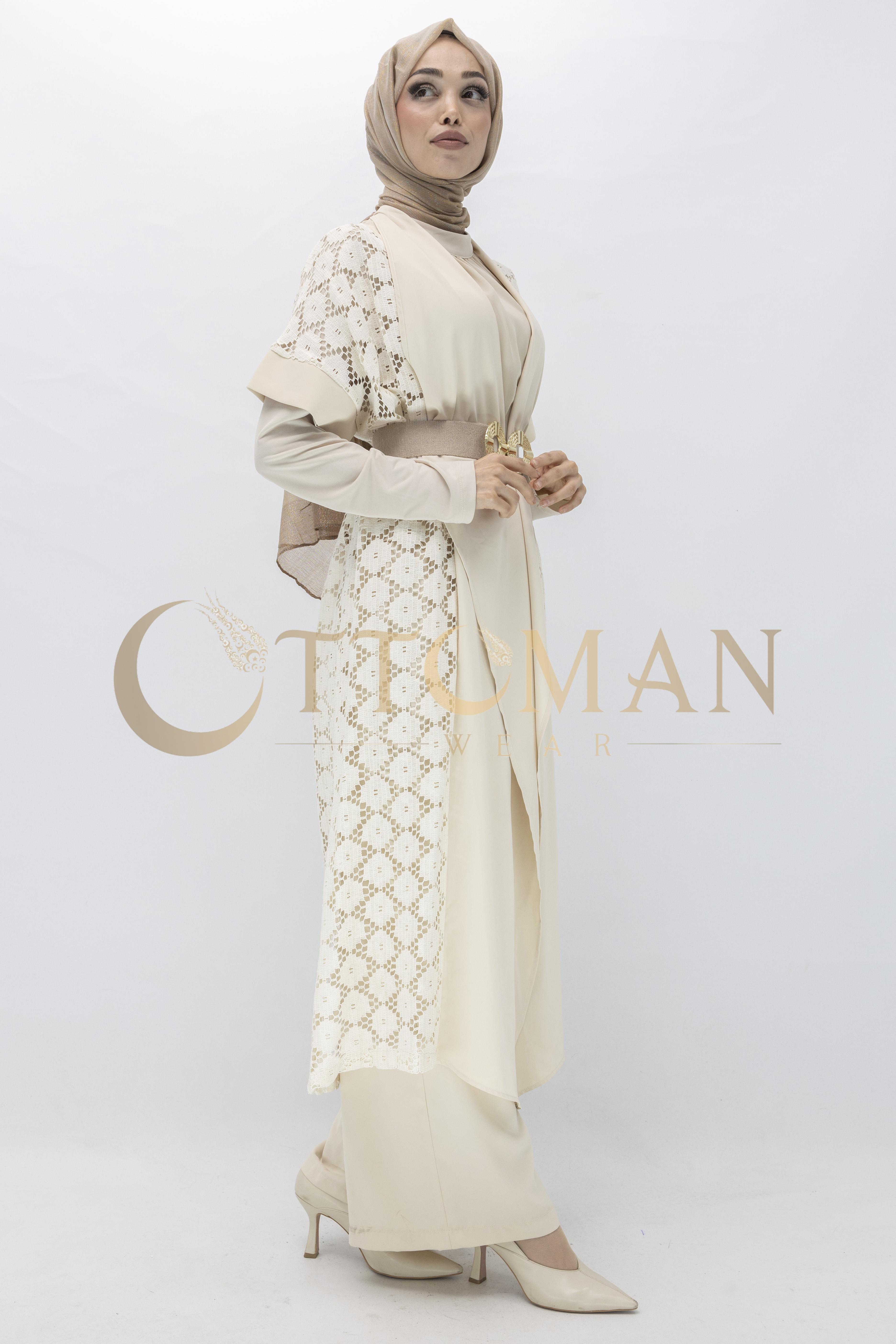 Orhan Store Dantel Yelekli Pantolonlu Takım Bej OTW2039