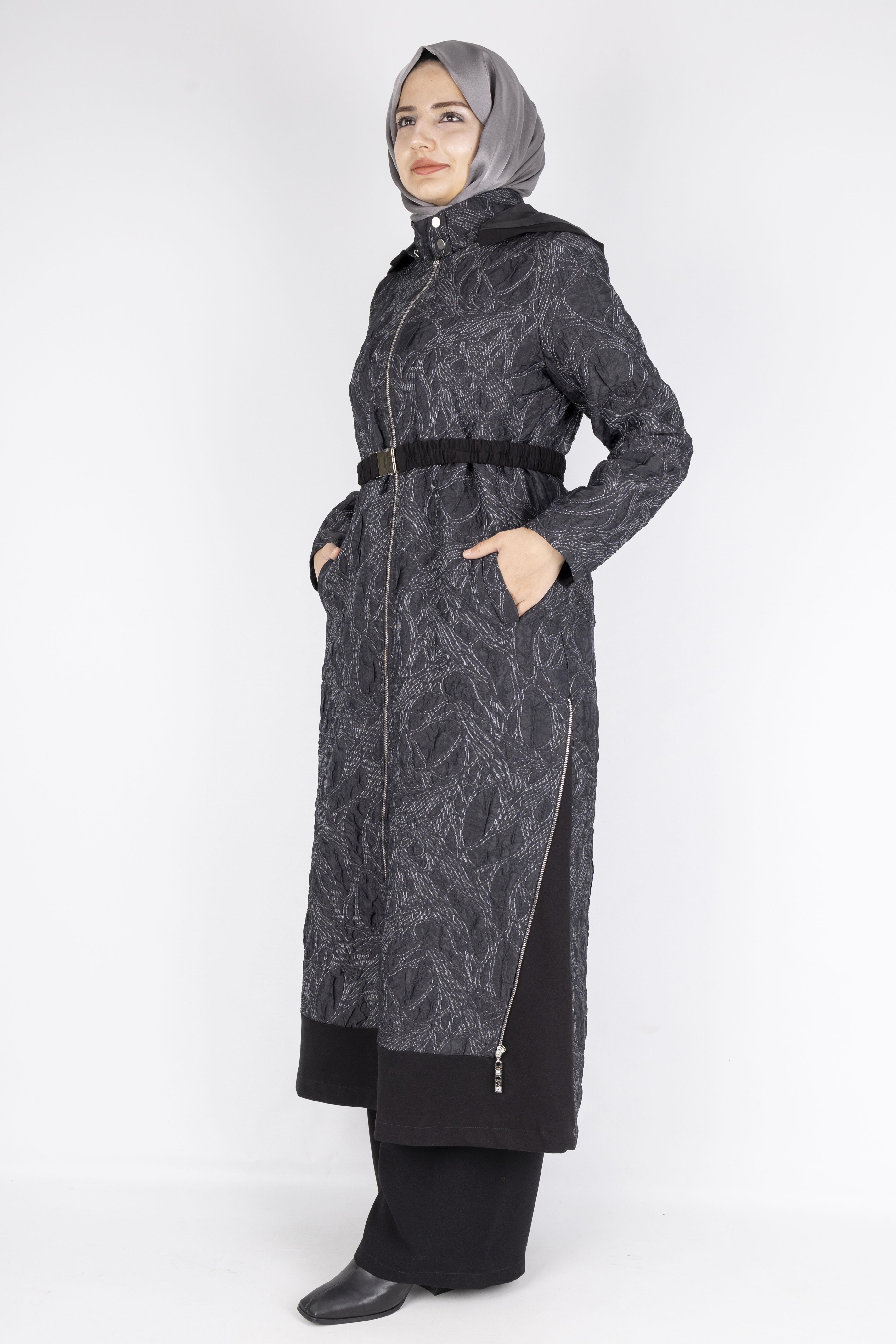 Orhan Store Desen Dokulu Astarlı Tesettür Kap  Tam Fermuarlı Siyah OTW1585