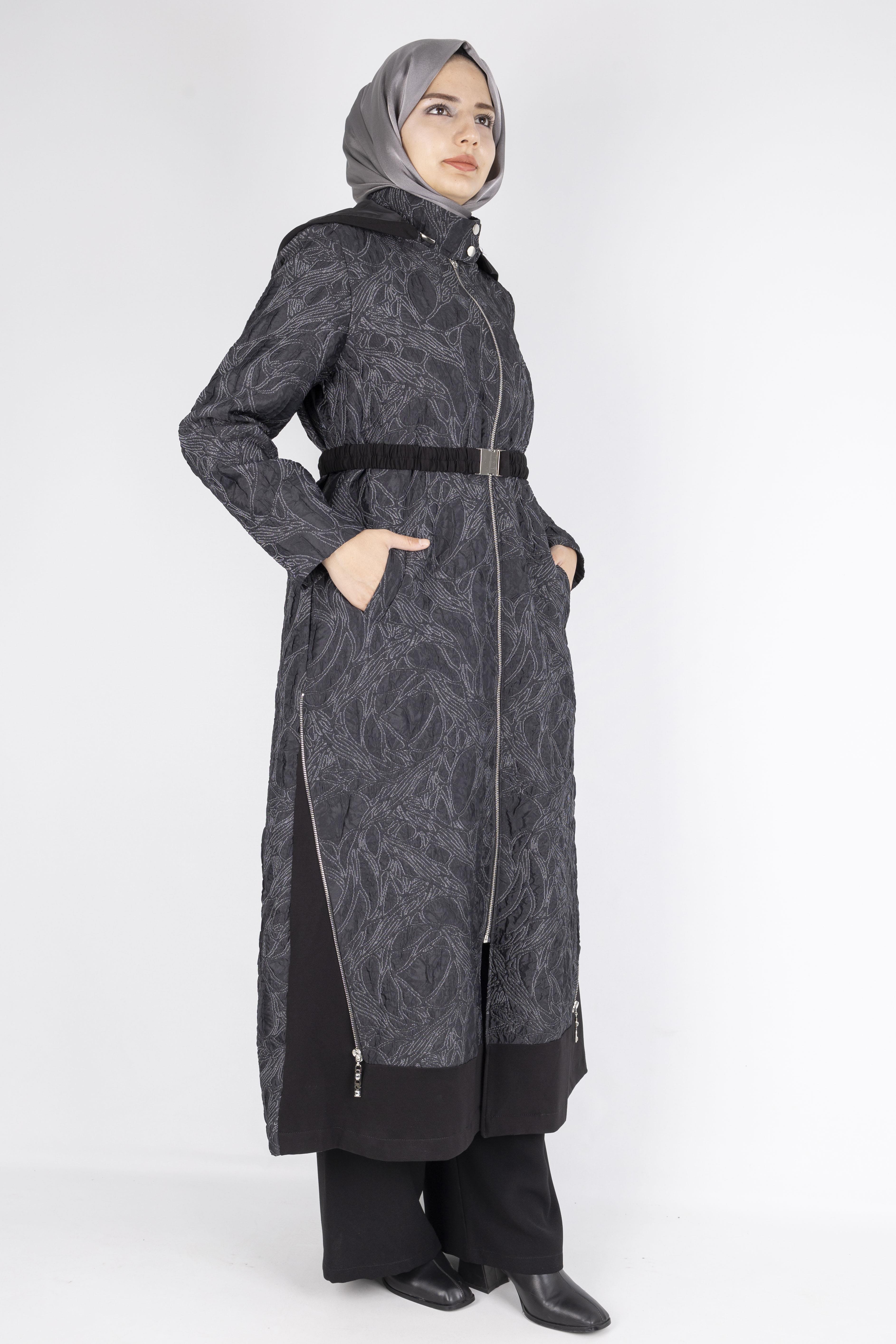 Orhan Store Desen Dokulu Astarlı Tesettür Kap  Tam Fermuarlı Siyah OTW1585