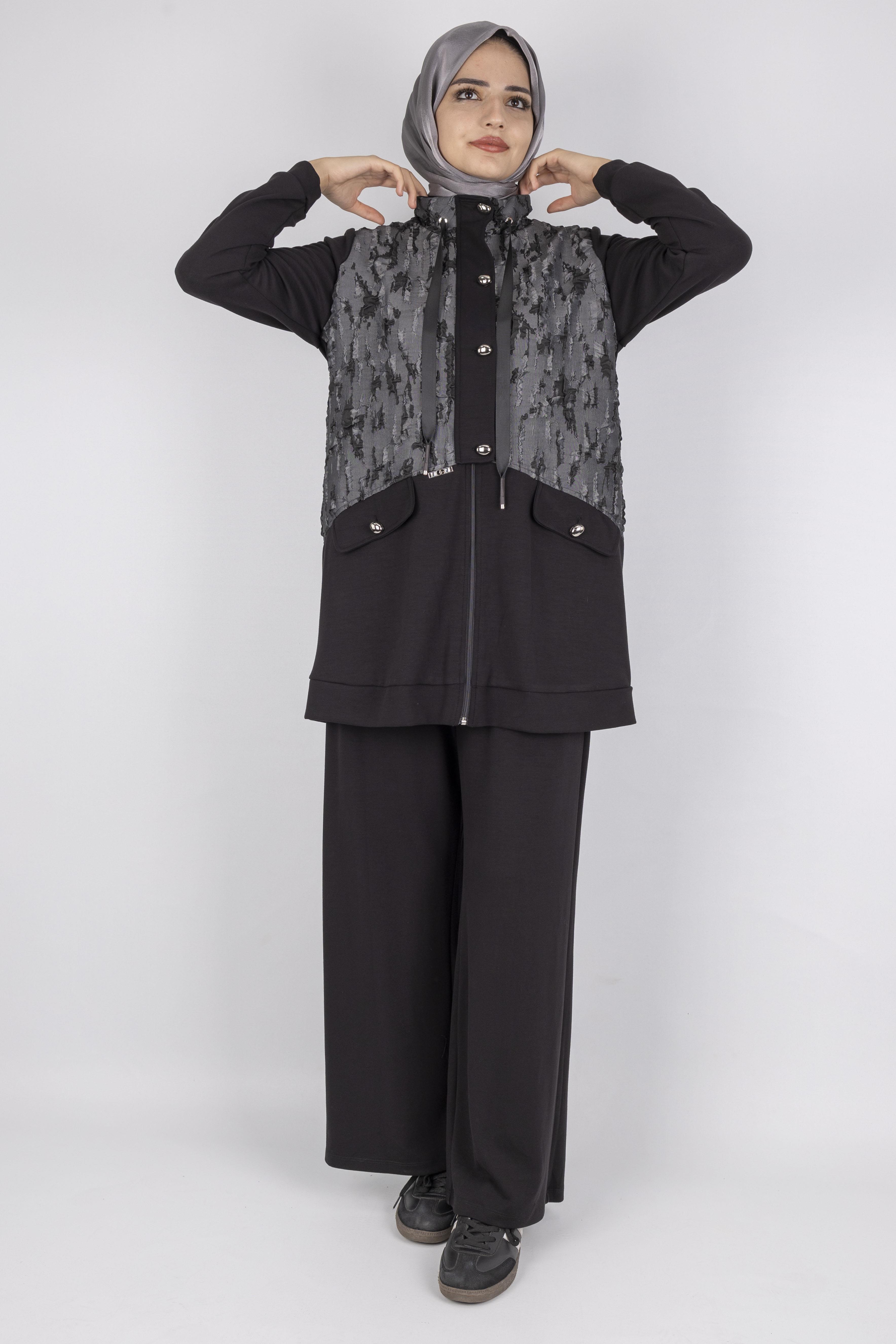 Orhan Store Desenli Fermuarlı Cep Detaylı Tesettür İkili Takım Siyah OTW2653