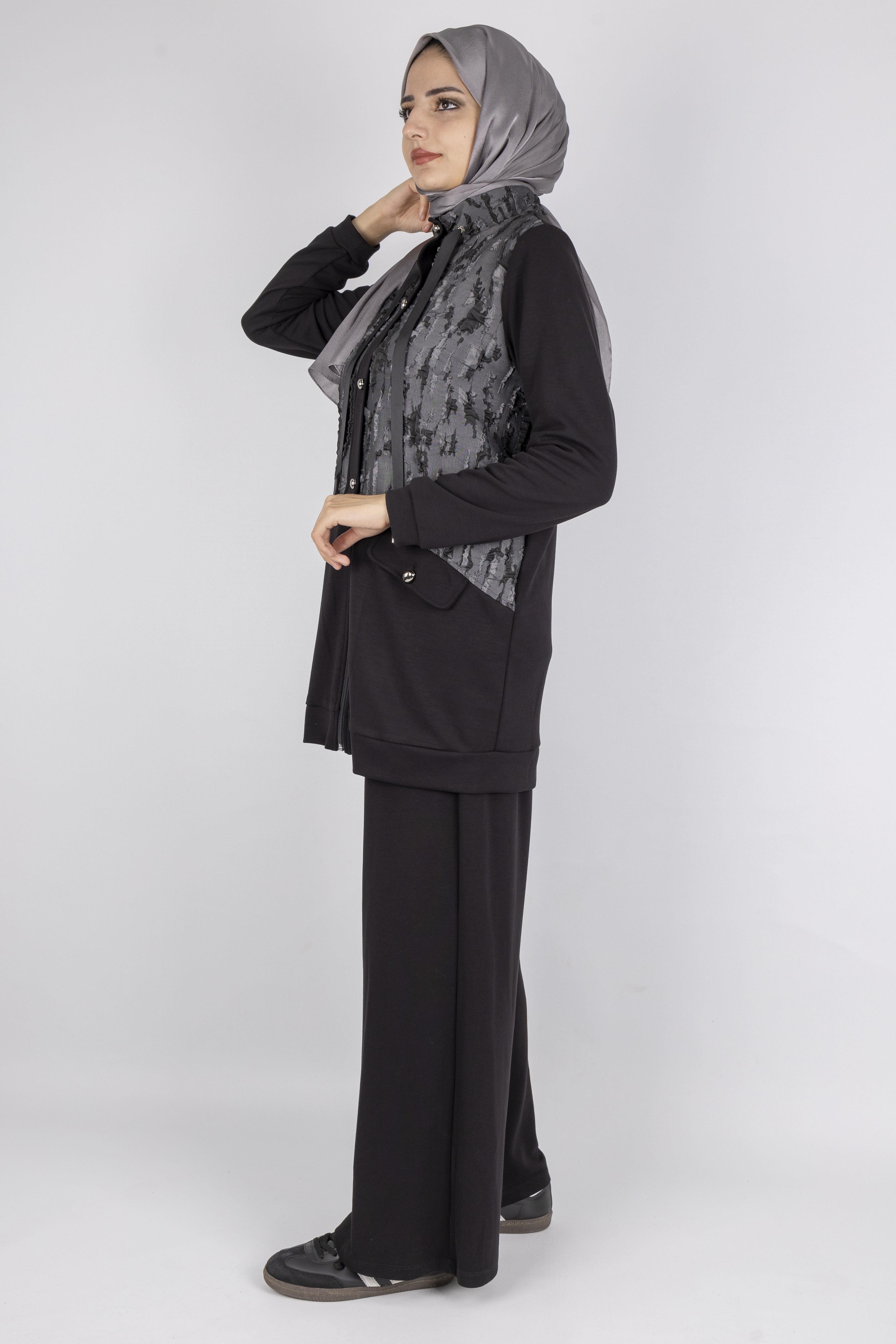 Orhan Store Desenli Fermuarlı Cep Detaylı Tesettür İkili Takım Siyah OTW2653