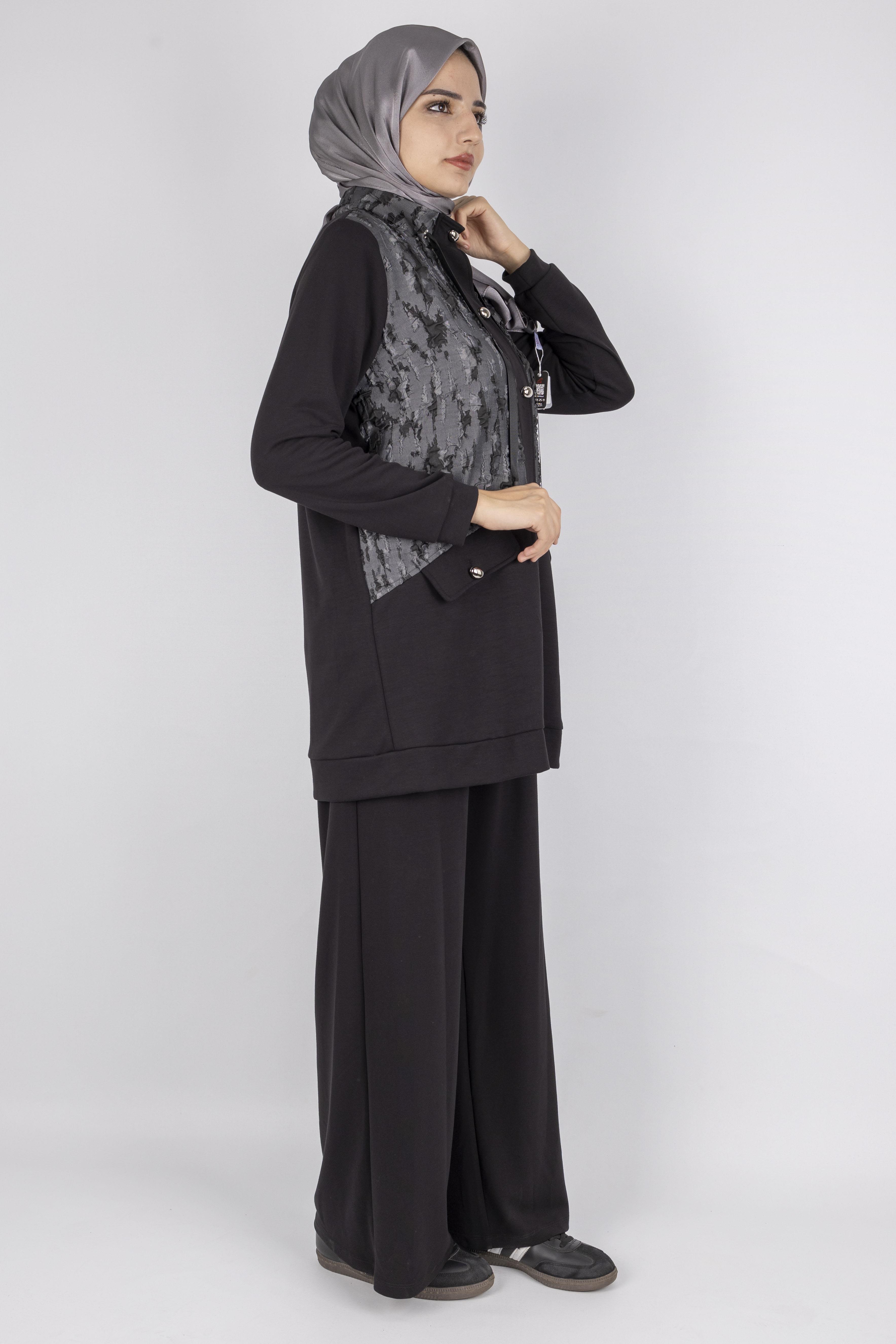 Orhan Store Desenli Fermuarlı Cep Detaylı Tesettür İkili Takım Siyah OTW2653