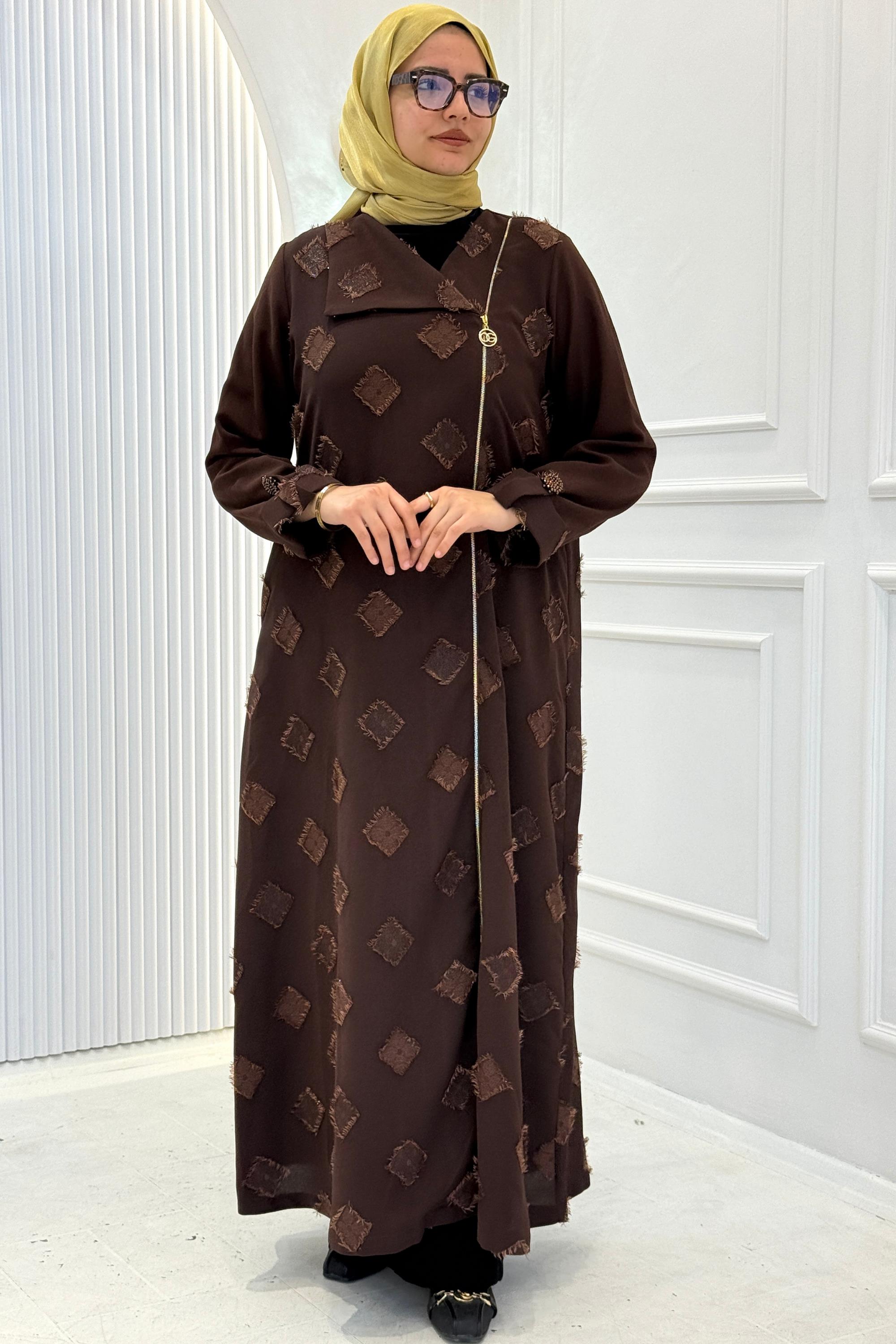 Orhan Store Desenli Gold Fermuarlı Tesettür Kap Kahve OTW1654