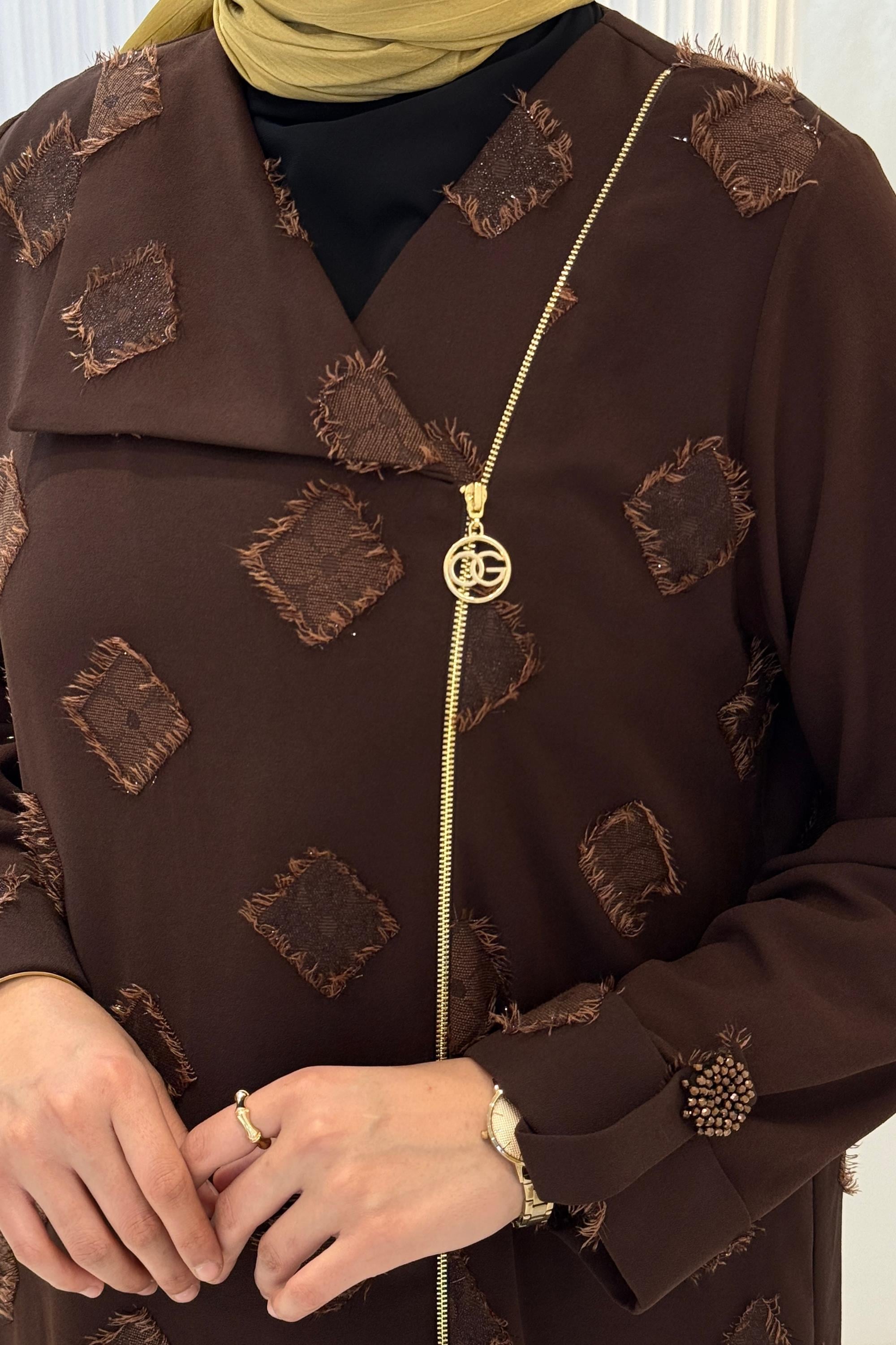 Orhan Store Desenli Gold Fermuarlı Tesettür Kap Kahve OTW1654