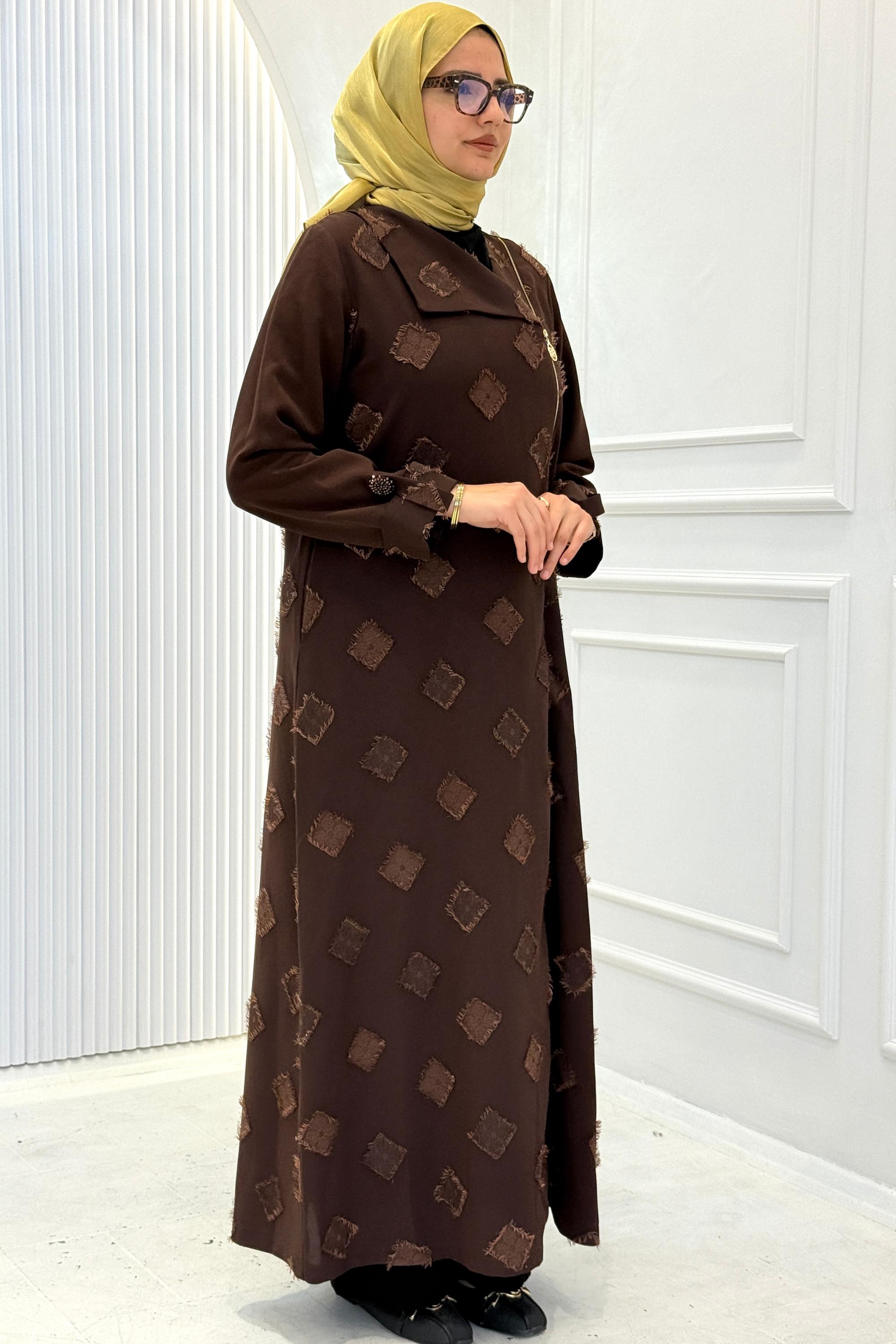 Orhan Store Desenli Gold Fermuarlı Tesettür Kap Kahve OTW1654