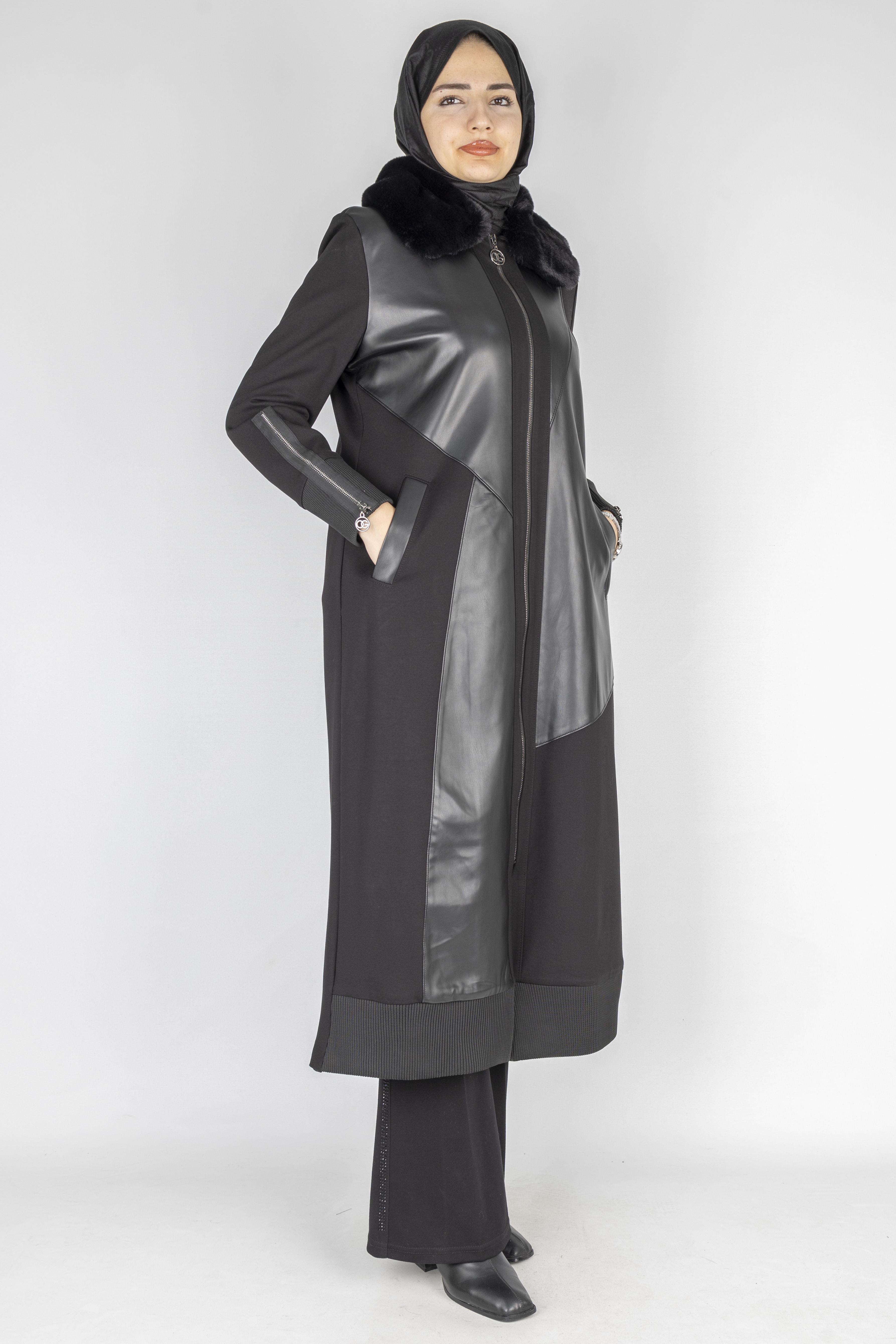 Orhan Store Fermuarlı Kürk Yakalı Çelik Örme Kap Siyah OTW1600