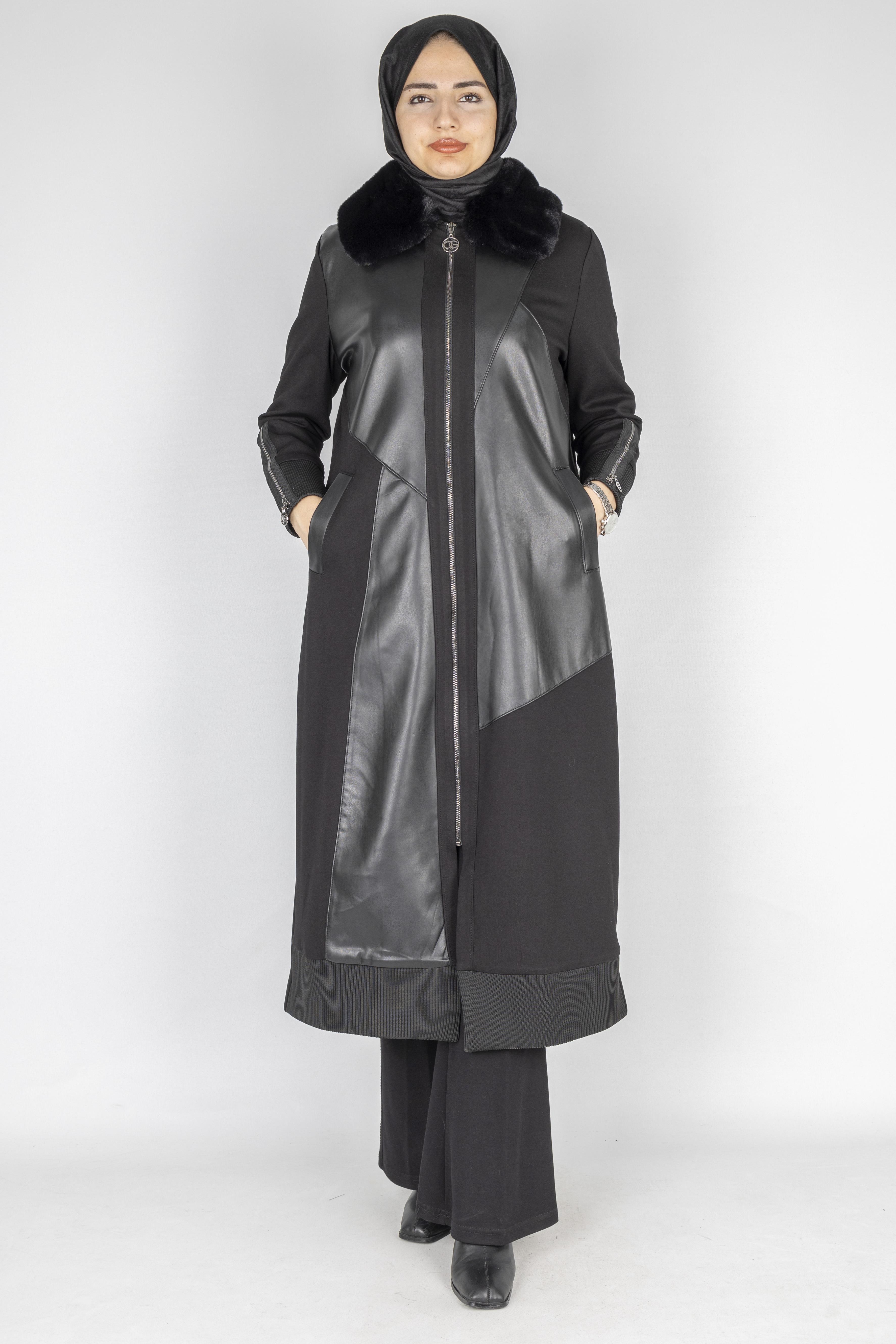 Orhan Store Fermuarlı Kürk Yakalı Çelik Örme Kap Siyah OTW1600