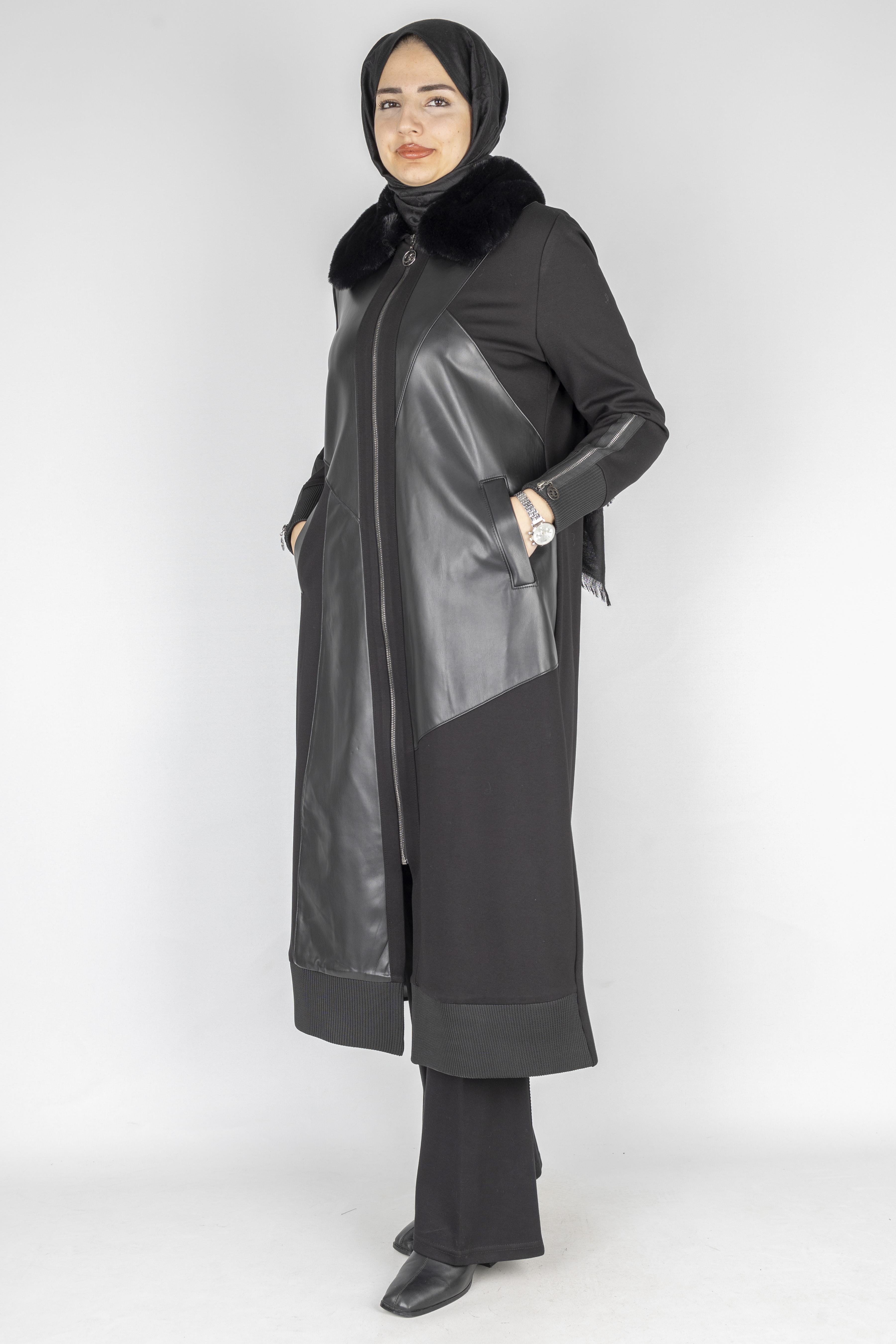 Orhan Store Fermuarlı Kürk Yakalı Çelik Örme Kap Siyah OTW1600