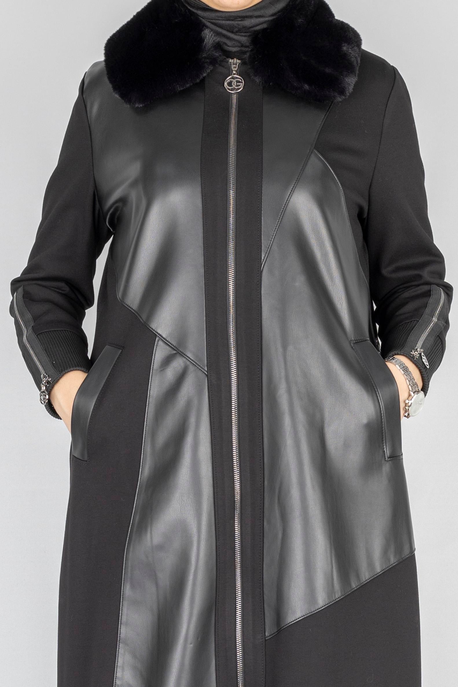 Orhan Store Fermuarlı Kürk Yakalı Çelik Örme Kap Siyah OTW1600