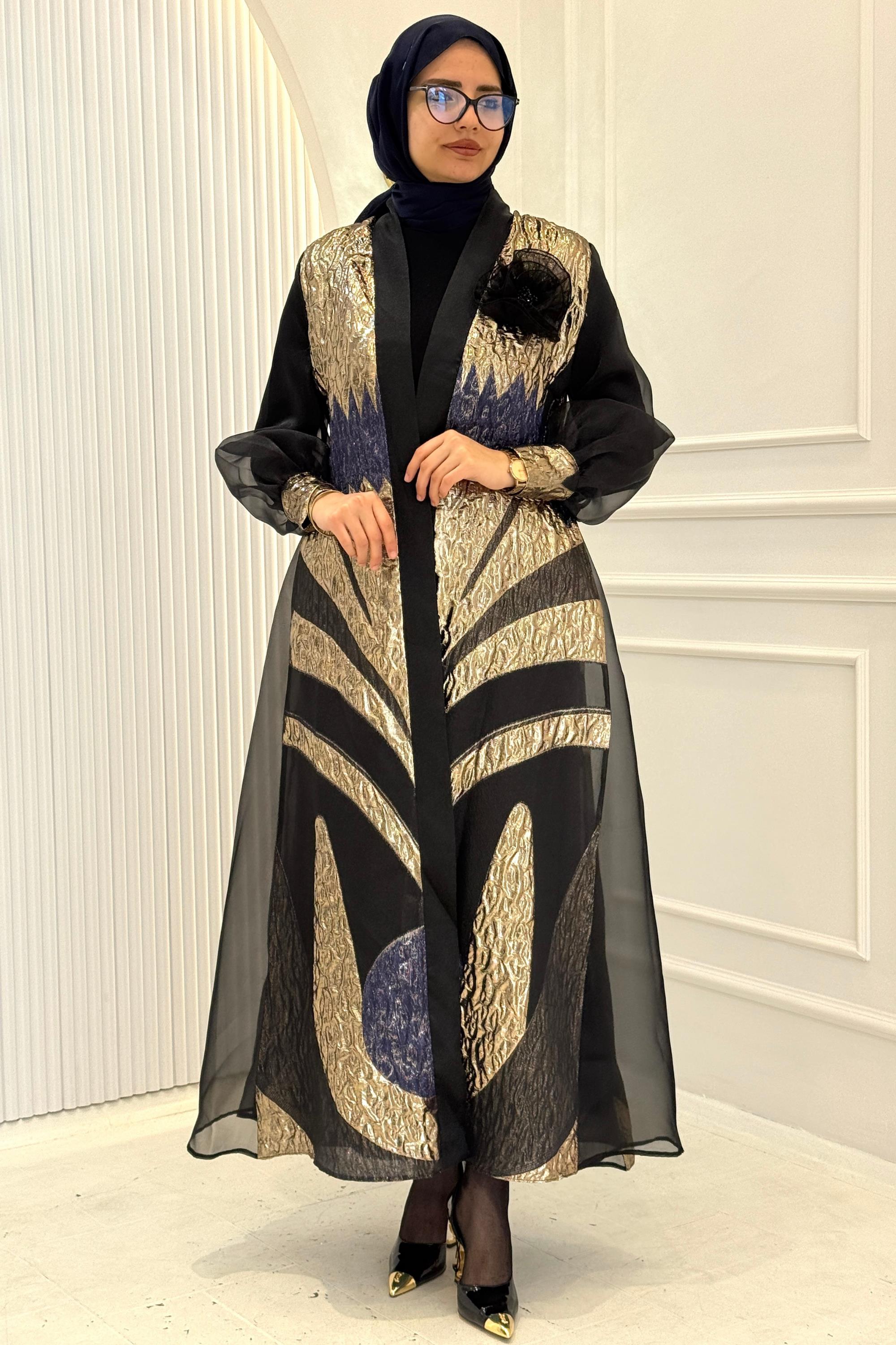 Orhan Store Gold İşlemeli Şık Abaya Takım Siyah OTW2881