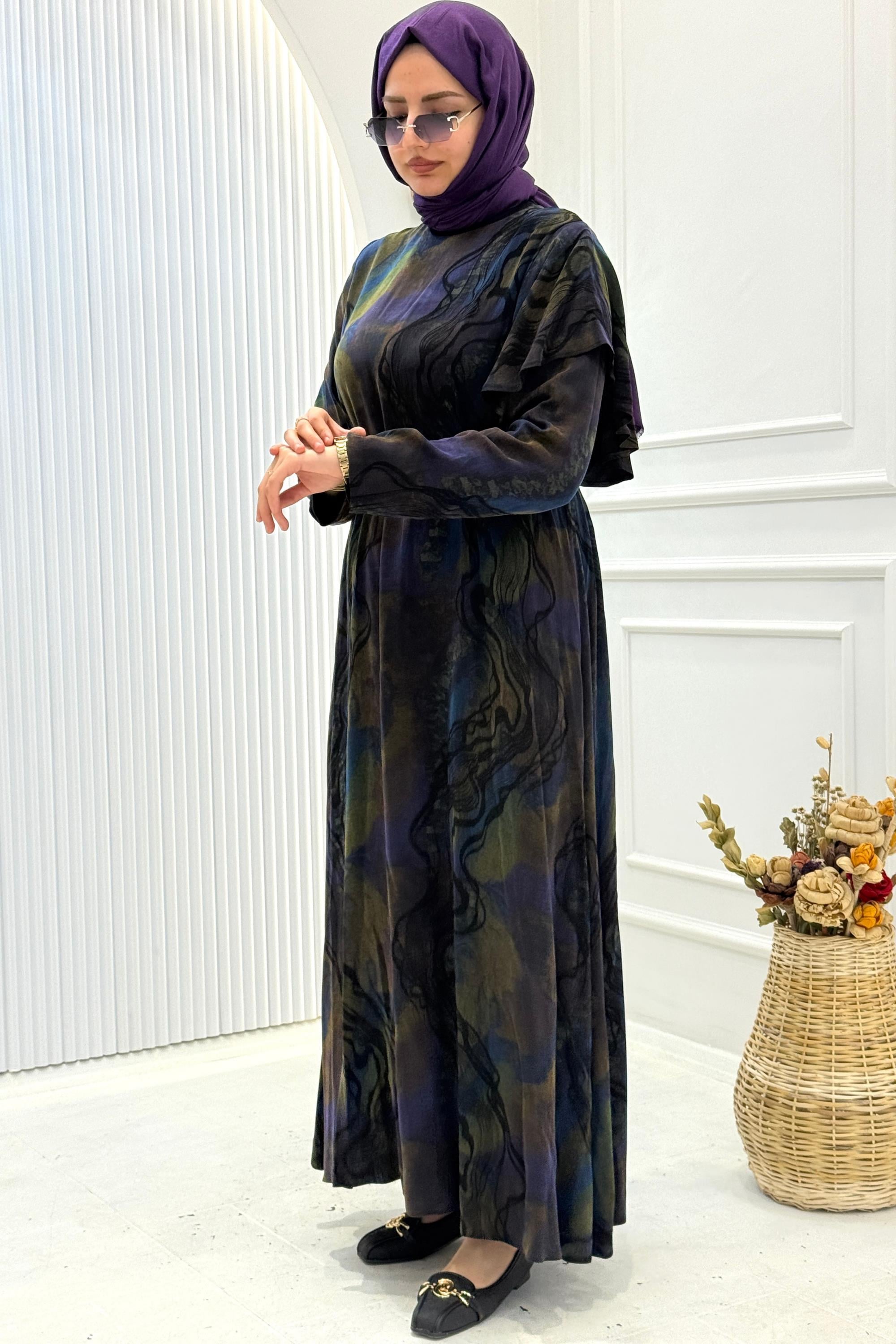 Orhan Store İpek Qupra Desenli Tesettür Elbise Mor OTW1810