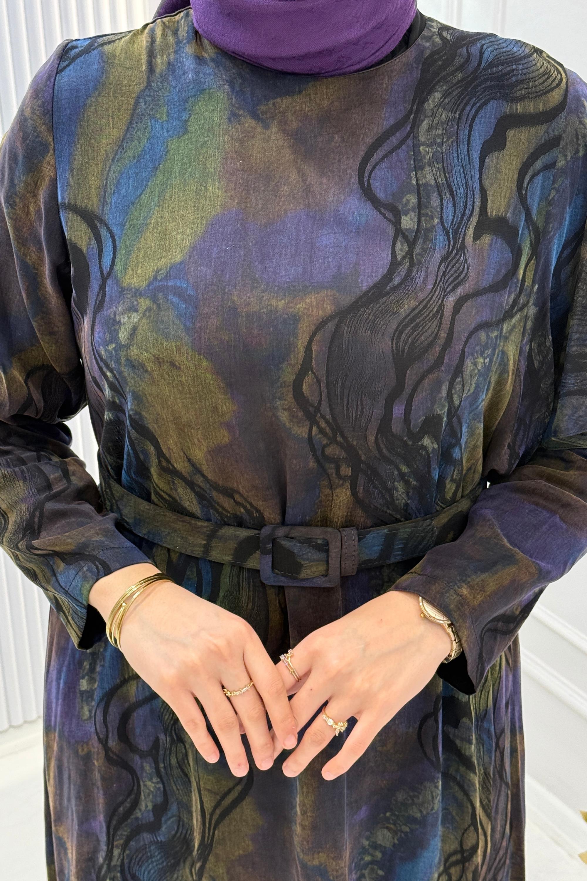 Orhan Store İpek Qupra Desenli Tesettür Elbise Mor OTW1810