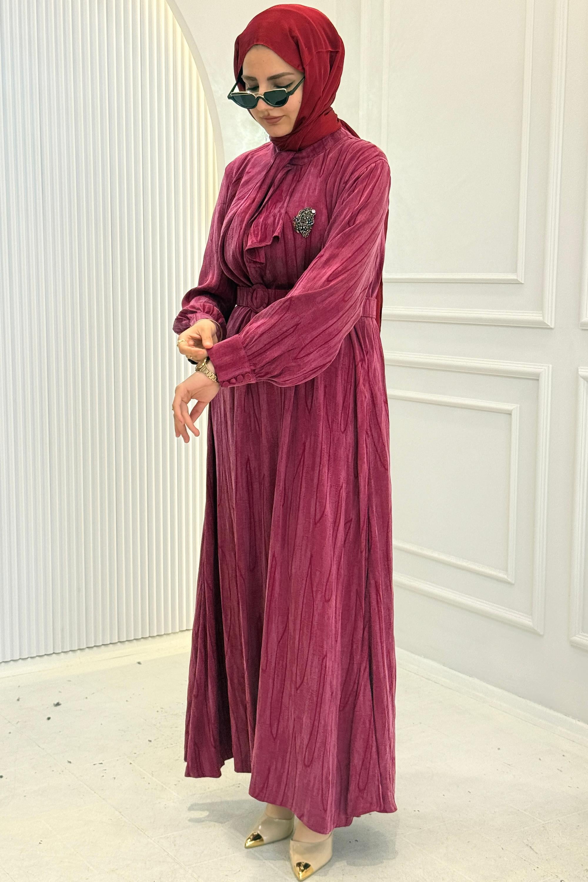 Orhan Store İpek Qupra Jakarlı Tesettür Elbise Vişne OTW1800