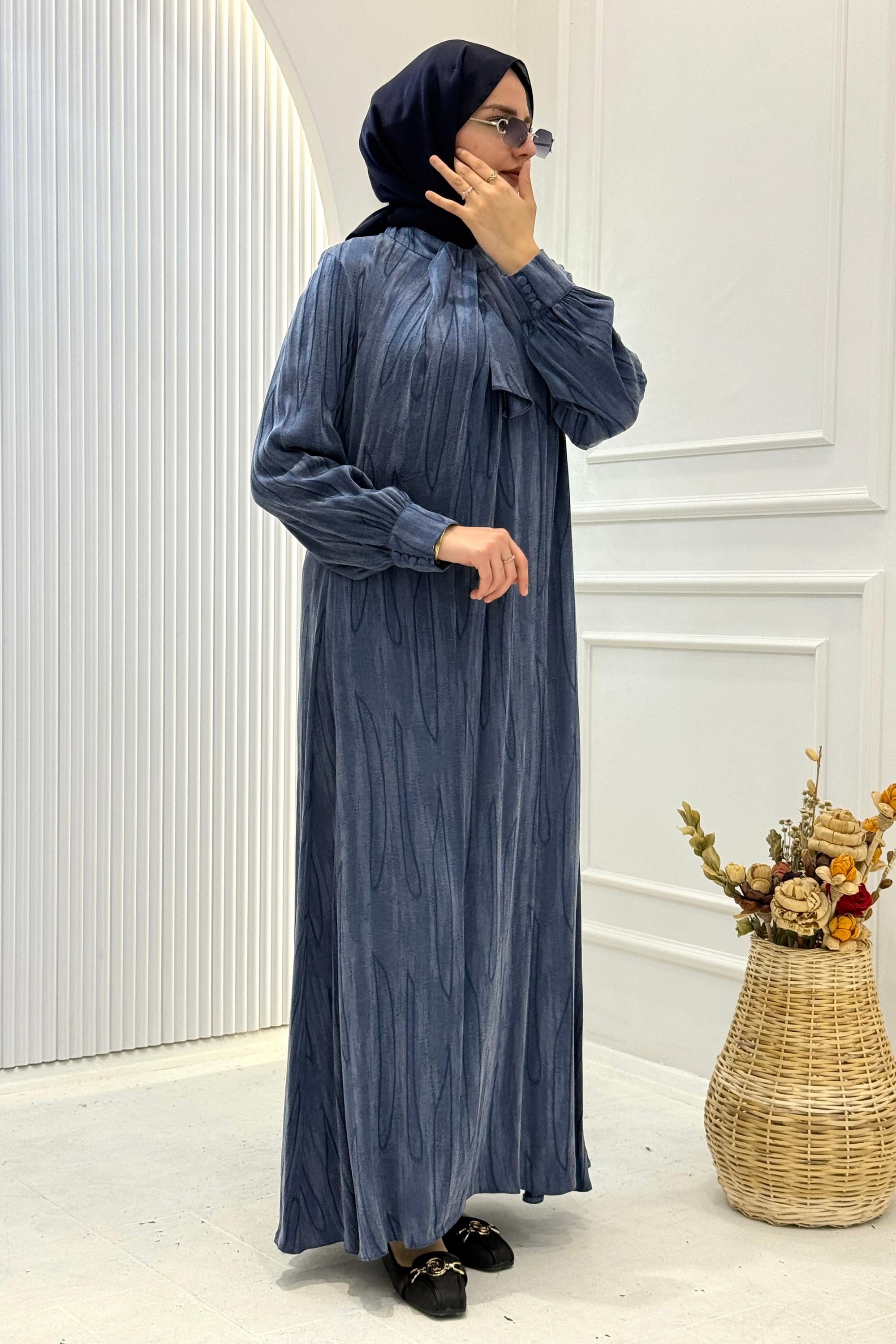 Orhan Store İpek Qupra Jakarlı Tesettür Elbise İndigo OTW1800