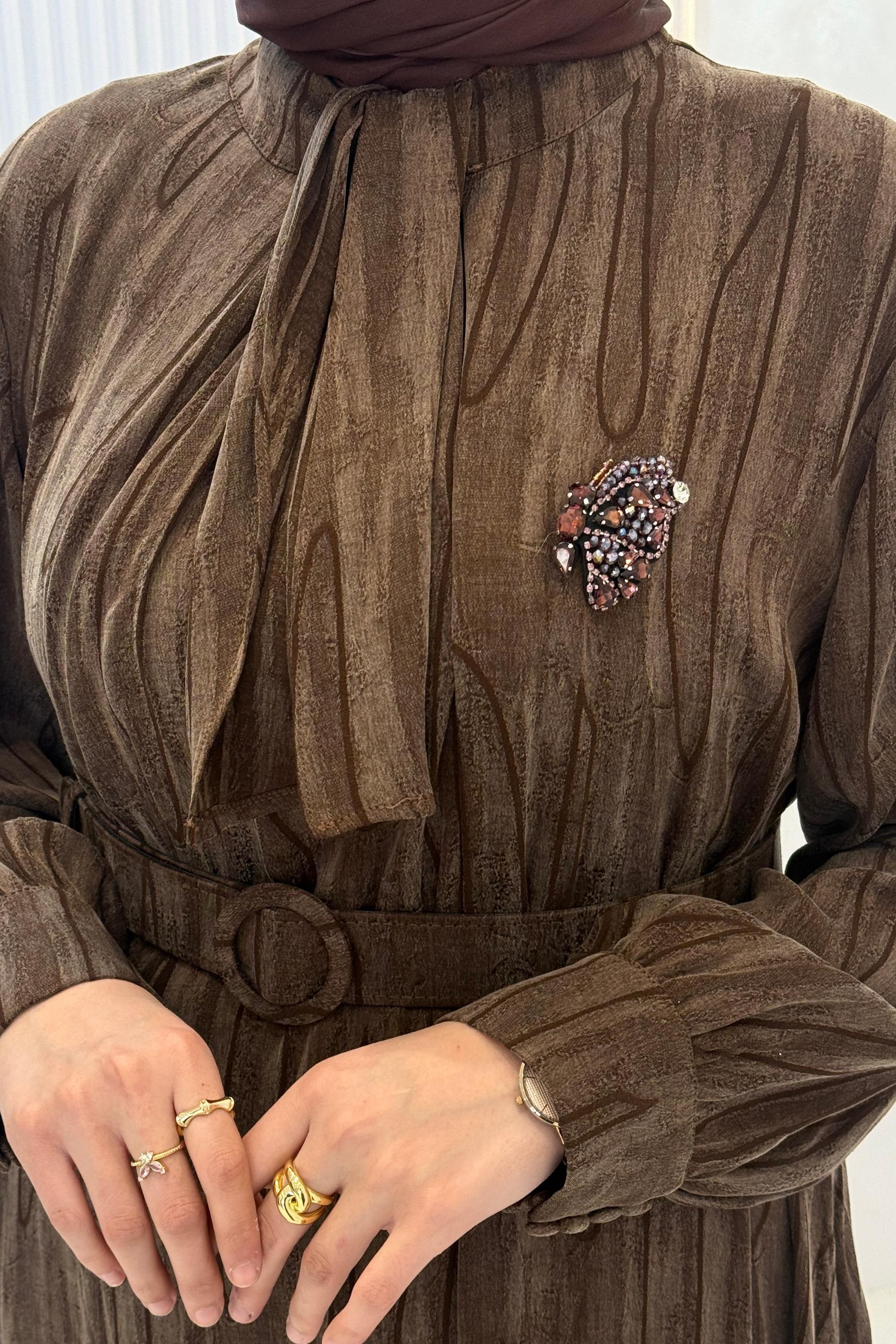 Orhan Store İpek Qupra Jakarlı Tesettür Elbise Kahve OTW1800