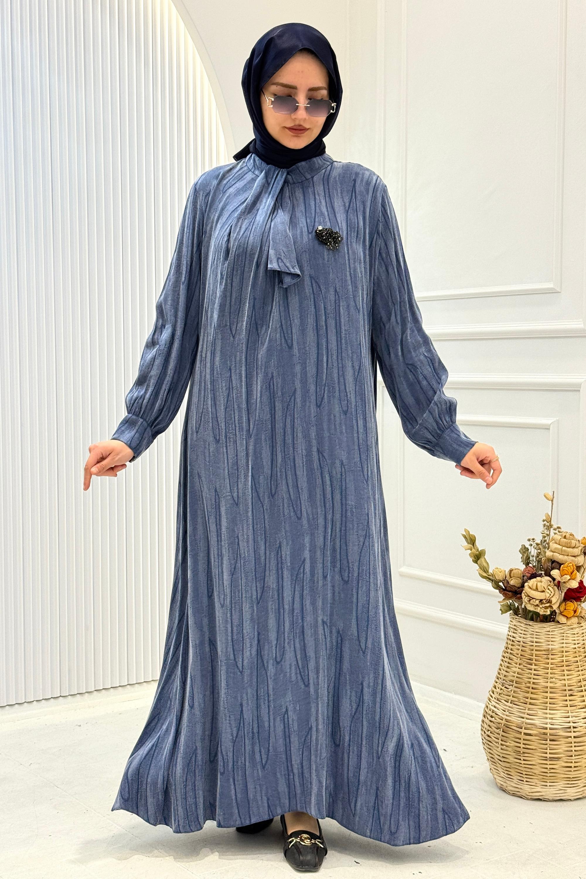 Orhan Store İpek Qupra Jakarlı Tesettür Elbise İndigo OTW1800