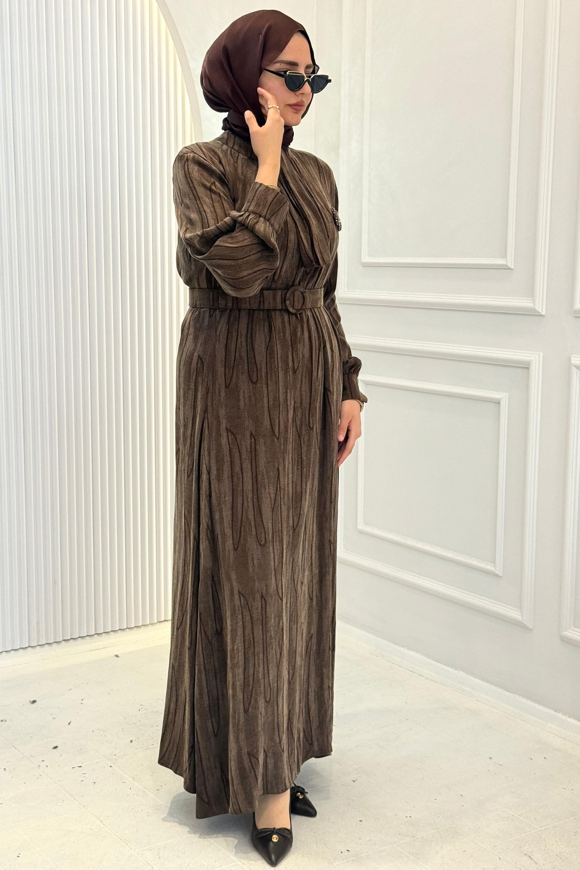 Orhan Store İpek Qupra Jakarlı Tesettür Elbise Kahve OTW1800