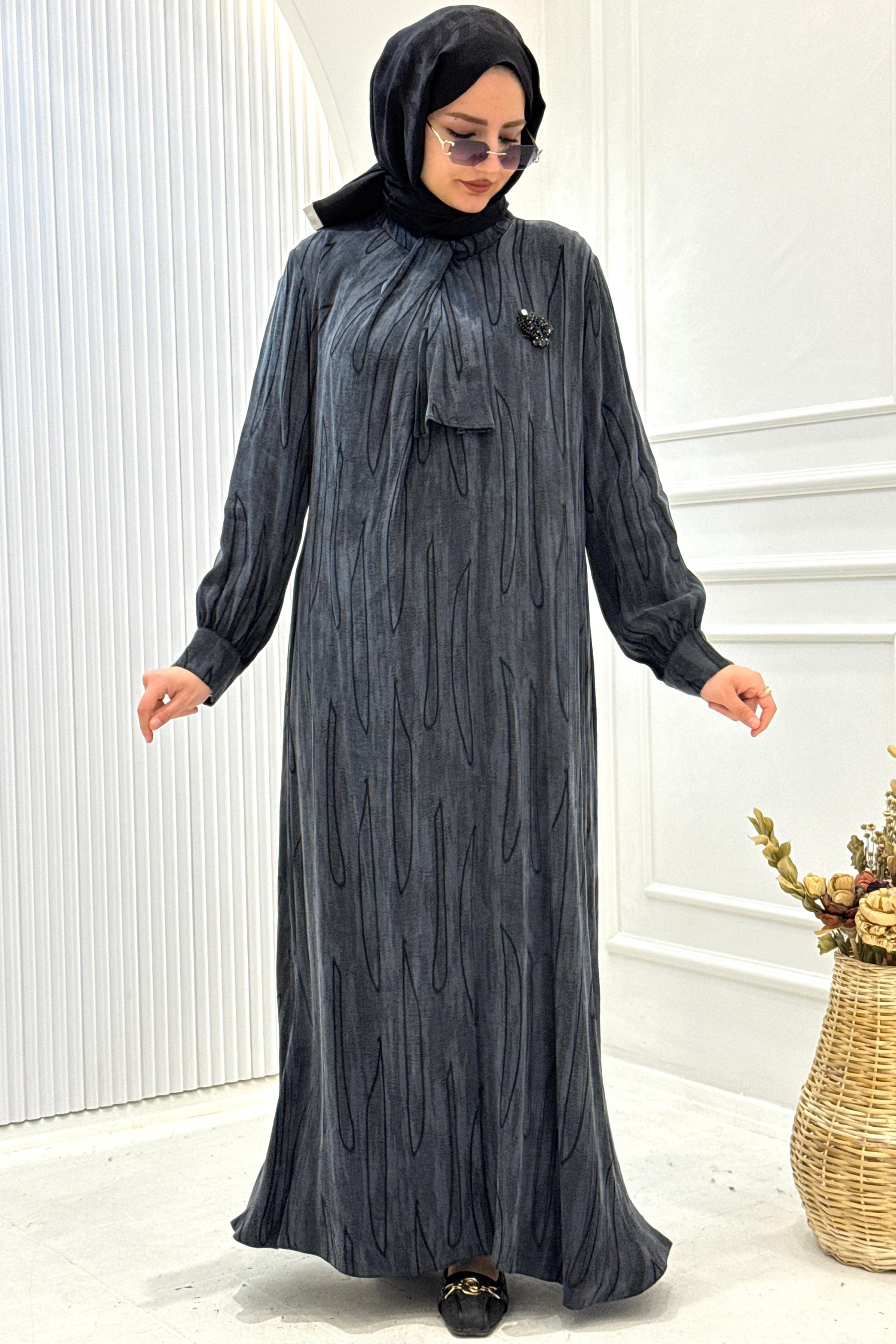 Orhan Store İpek Qupra Jakarlı Tesettür Elbise Siyah OTW1800