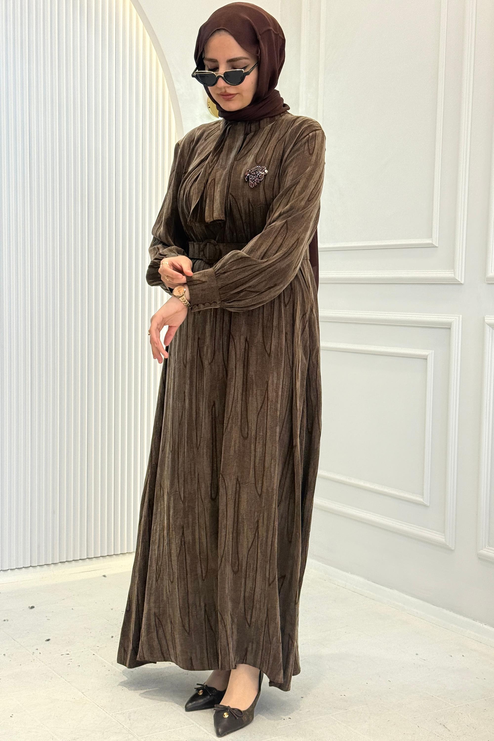 Orhan Store İpek Qupra Jakarlı Tesettür Elbise Kahve OTW1800