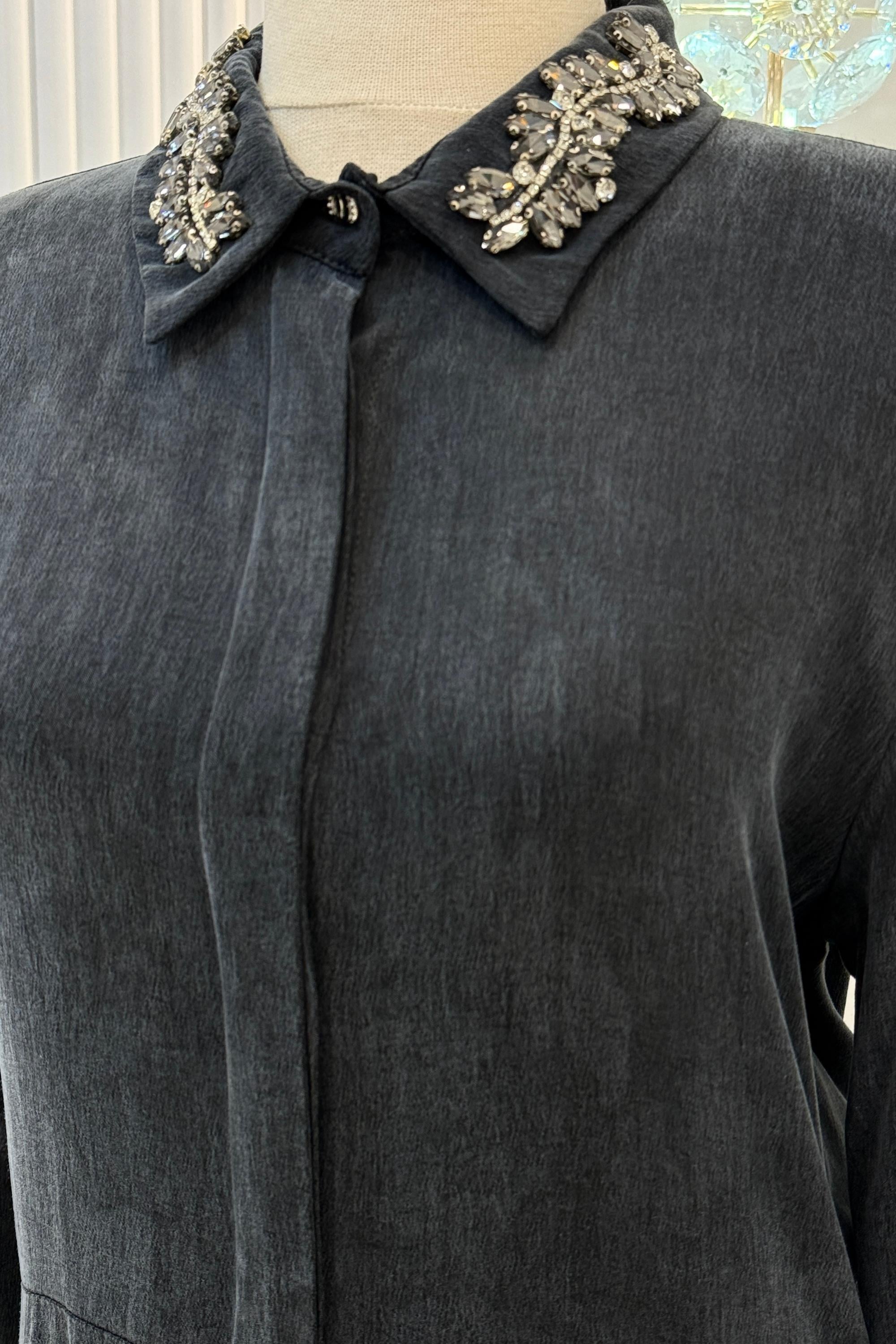 Orhan Store İpek Qupra Taşlı Yaka Detaylı Uzun Elbise Siyah OTW1785