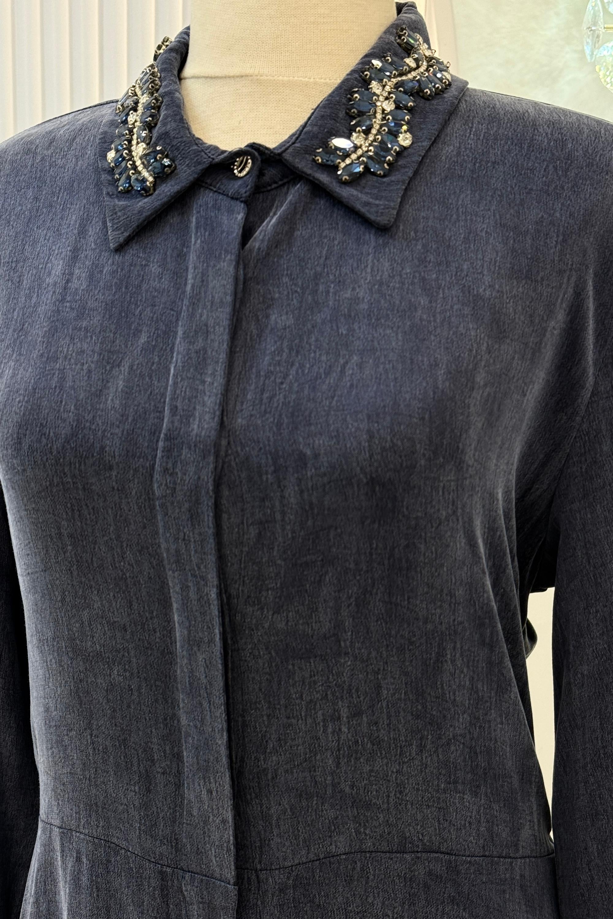 Orhan Store İpek Qupra Taşlı Yaka Detaylı Uzun Elbise Lacivert OTW1785