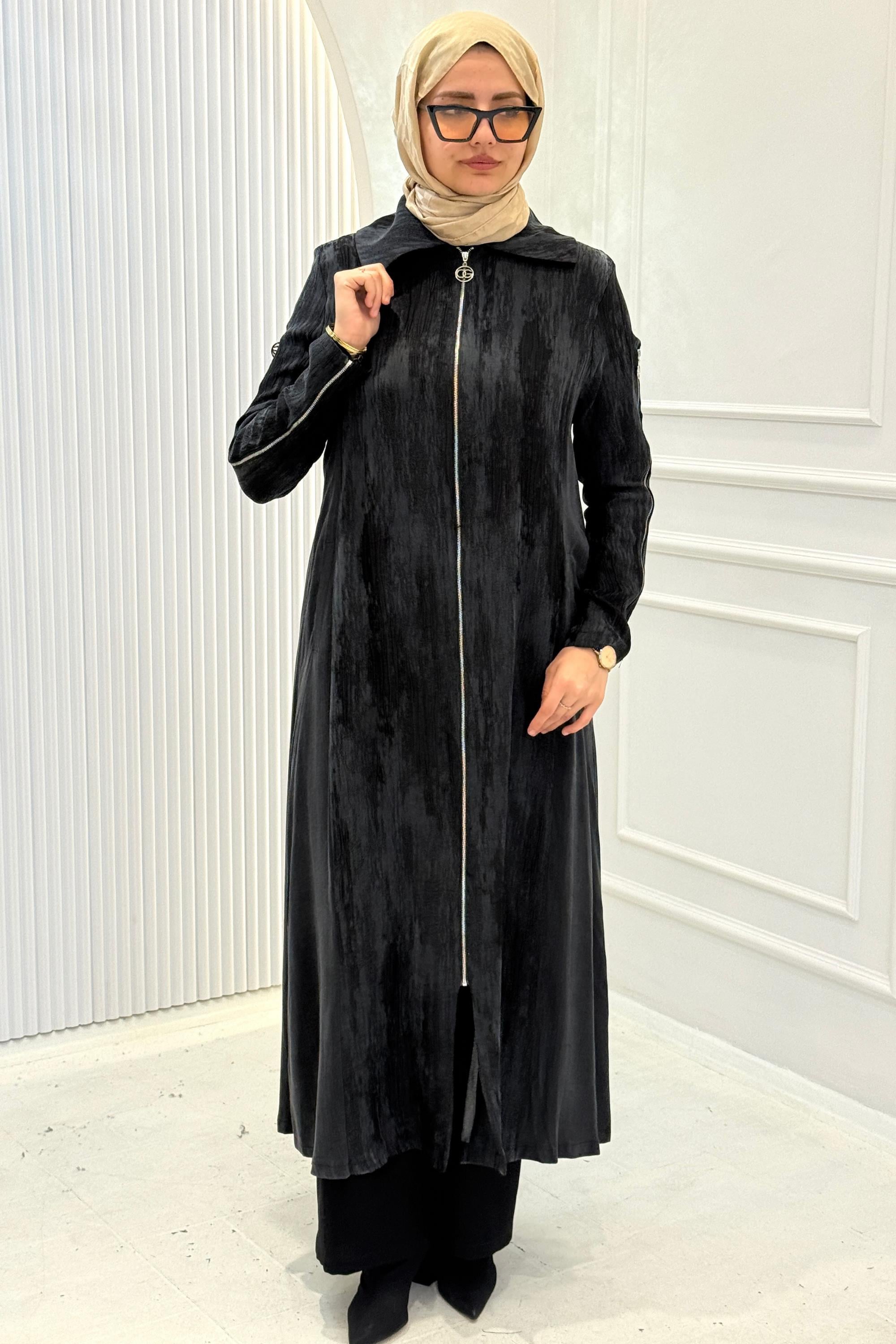 Orhan Store İpek Qupra Uzun Tesettür Ferace Siyah OTW1610