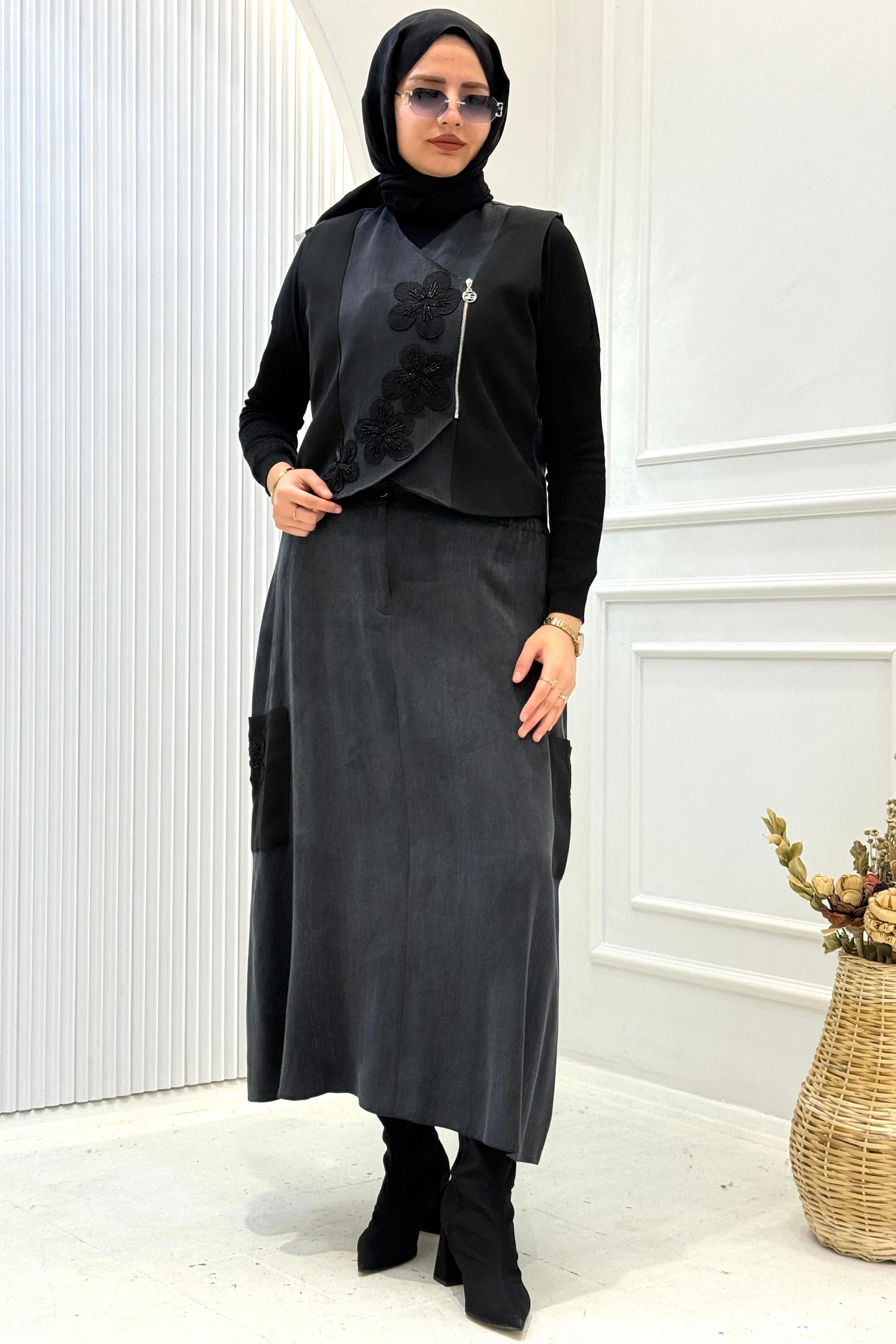 Orhan Store İpek Qupra Yelekli Etekli Tesettür Takım Siyah OTW2775