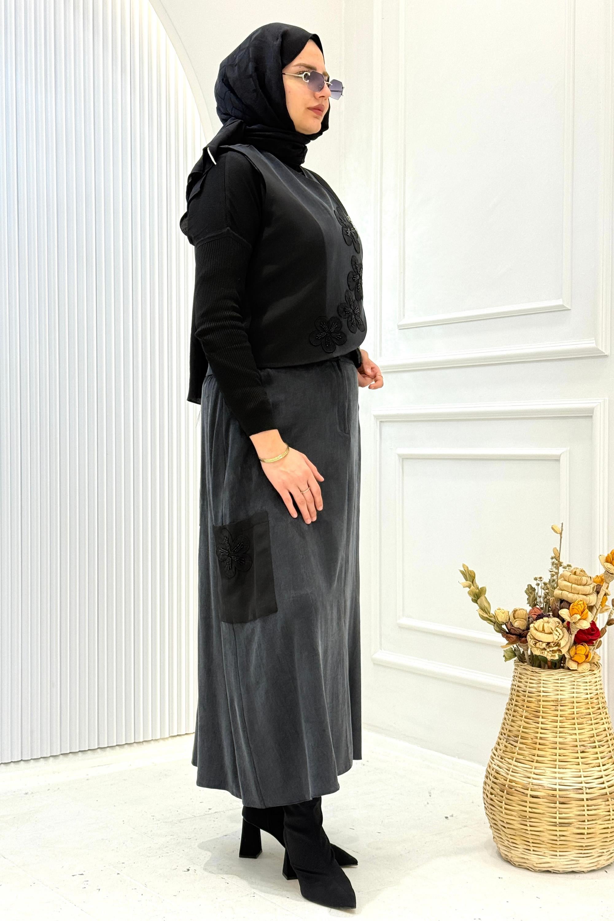 Orhan Store İpek Qupra Yelekli Etekli Tesettür Takım Siyah OTW2775