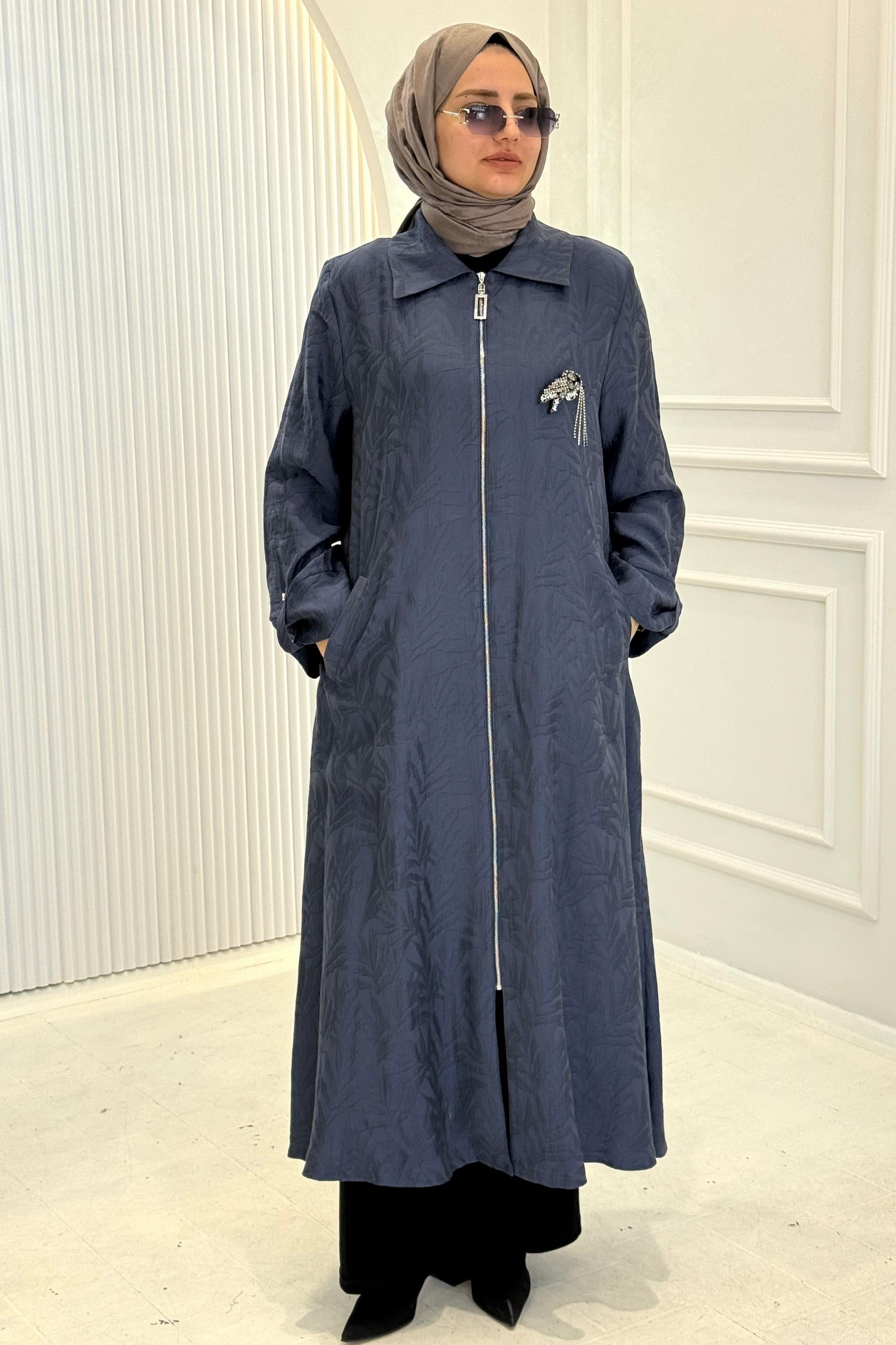 Orhan Store Jakarlı Fermuarlı Uzun Tesettür Kap İndigo OTW1618