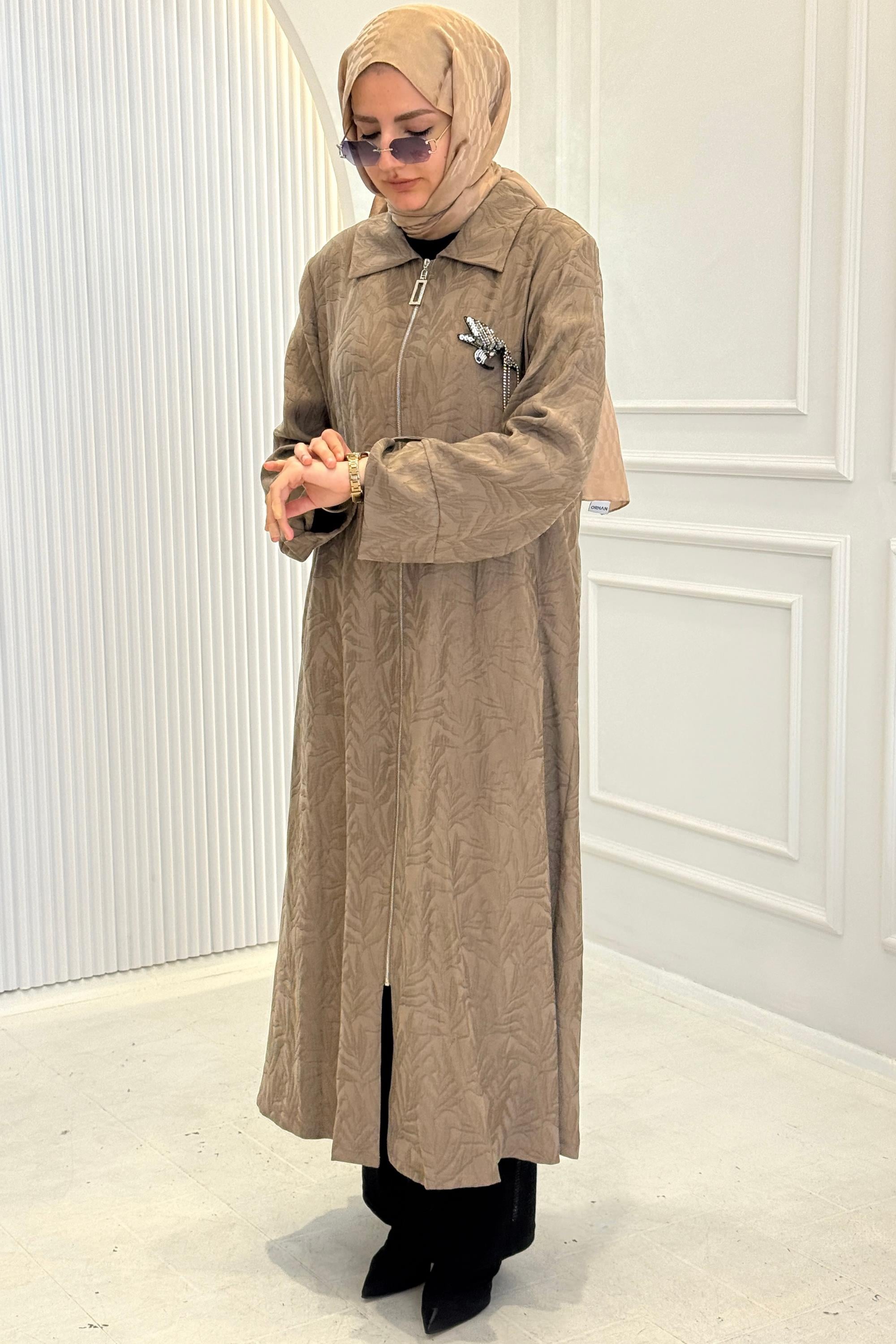 Orhan Store Jakarlı Fermuarlı Uzun Tesettür Kap Haki OTW1618