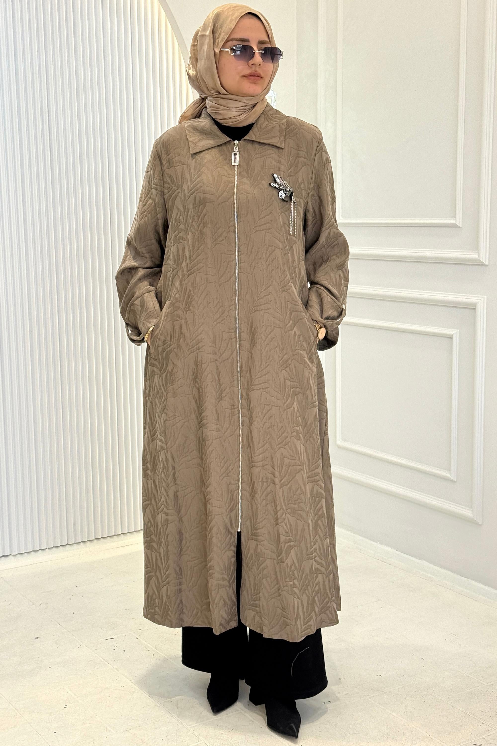 Orhan Store Jakarlı Fermuarlı Uzun Tesettür Kap Haki OTW1618