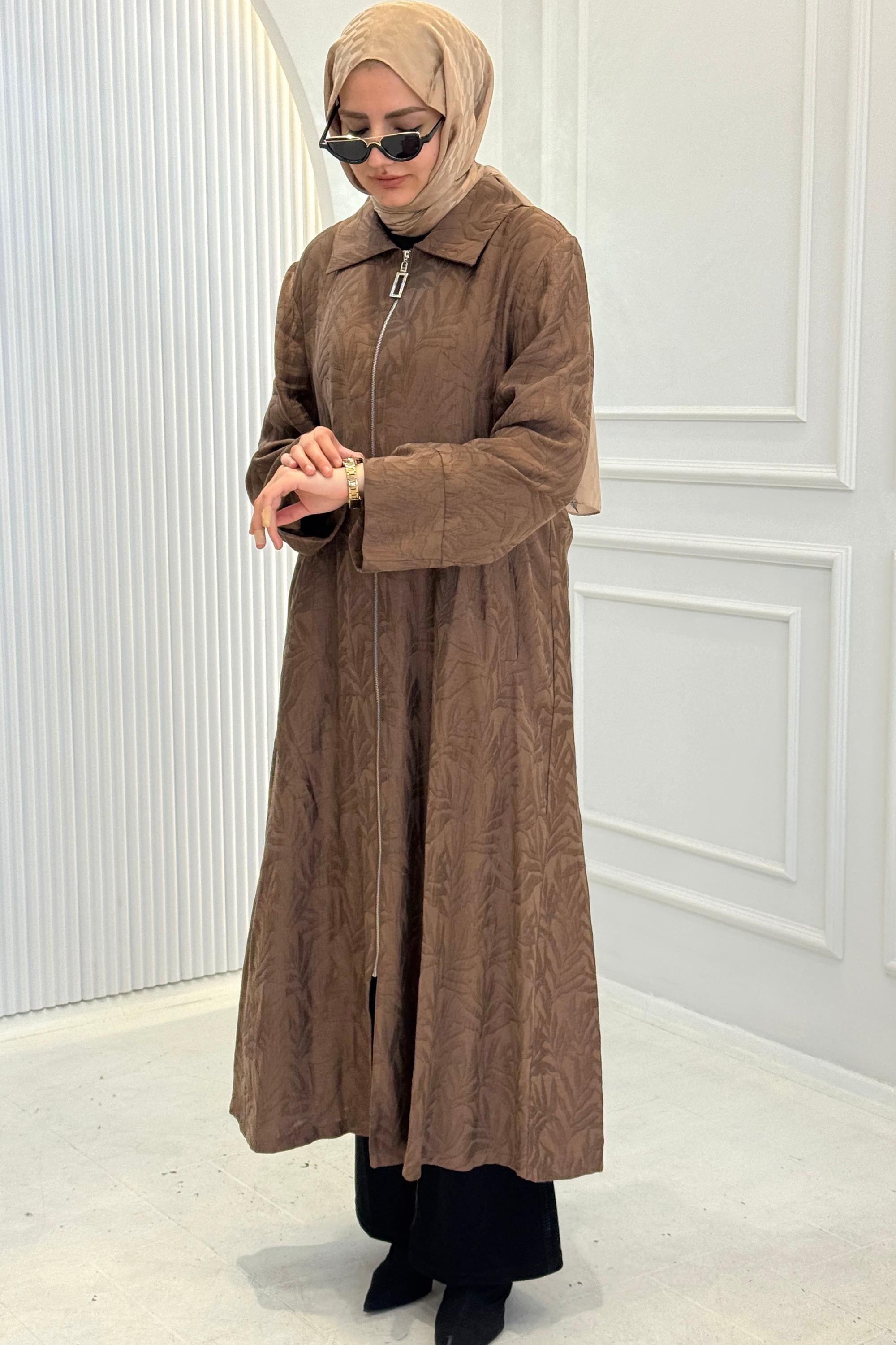 Orhan Store Jakarlı Fermuarlı Uzun Tesettür Kap Acı Kahve OTW1618