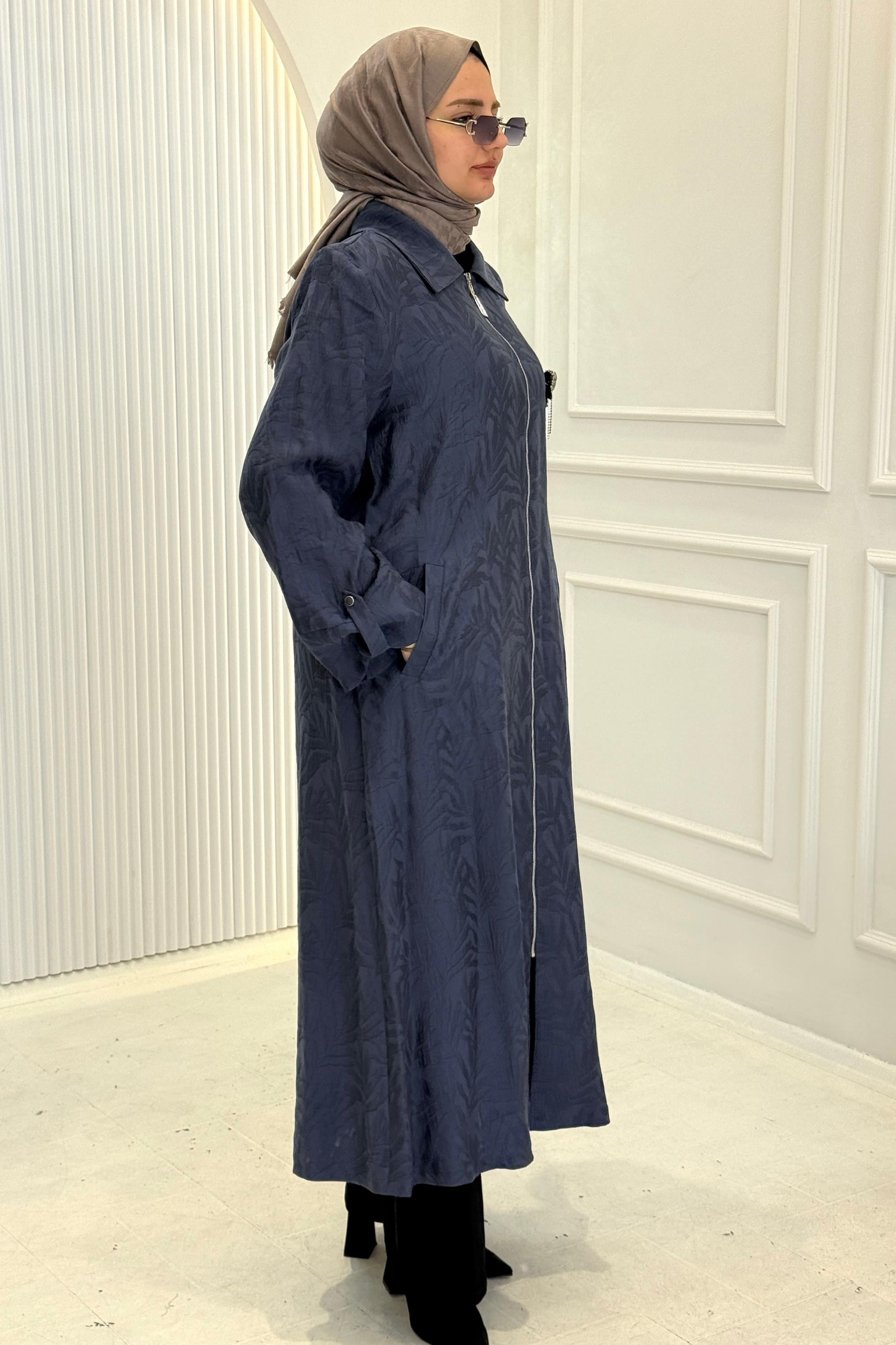 Orhan Store Jakarlı Fermuarlı Uzun Tesettür Kap İndigo OTW1618