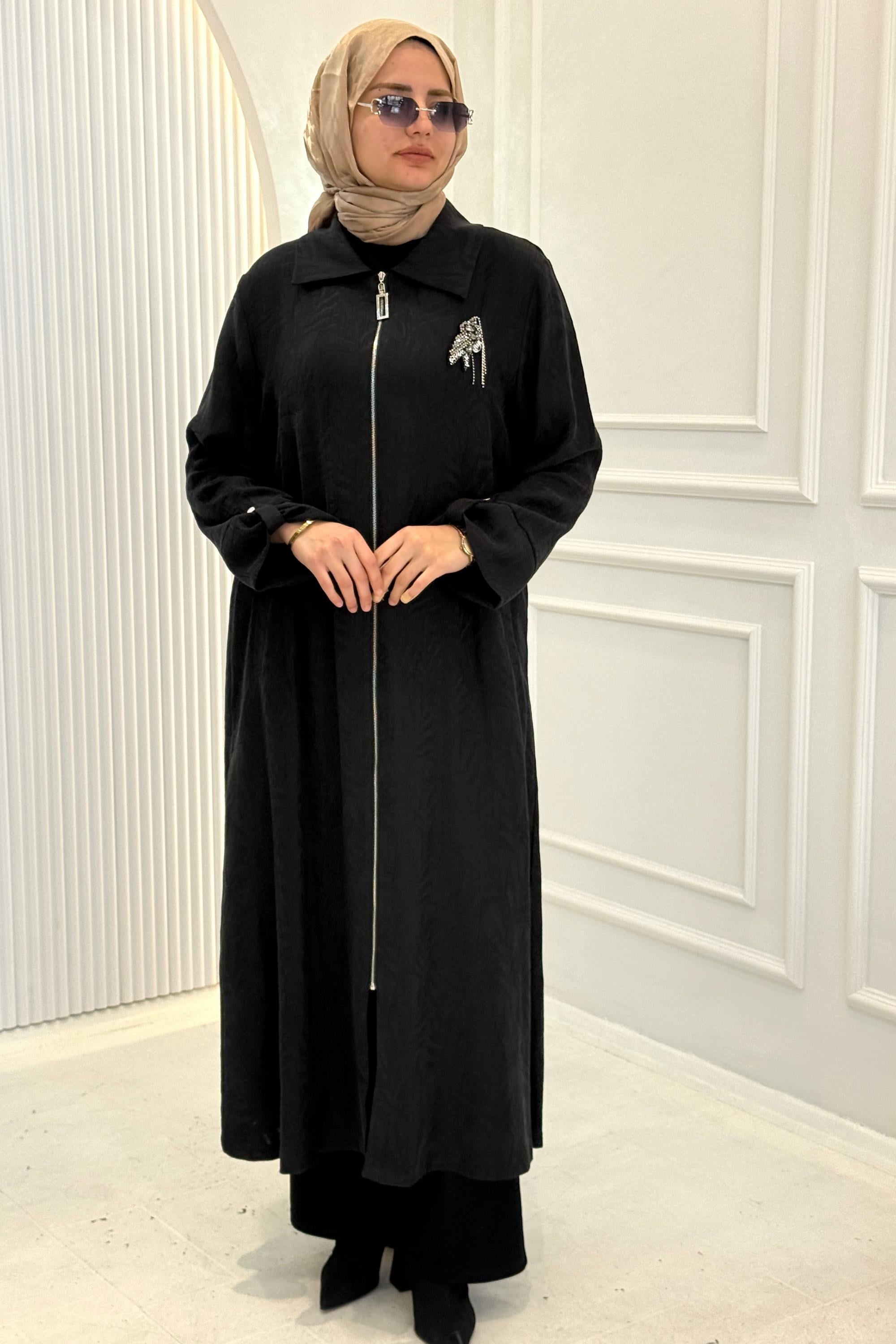 Orhan Store Jakarlı Fermuarlı Uzun Tesettür Kap Siyah OTW1618