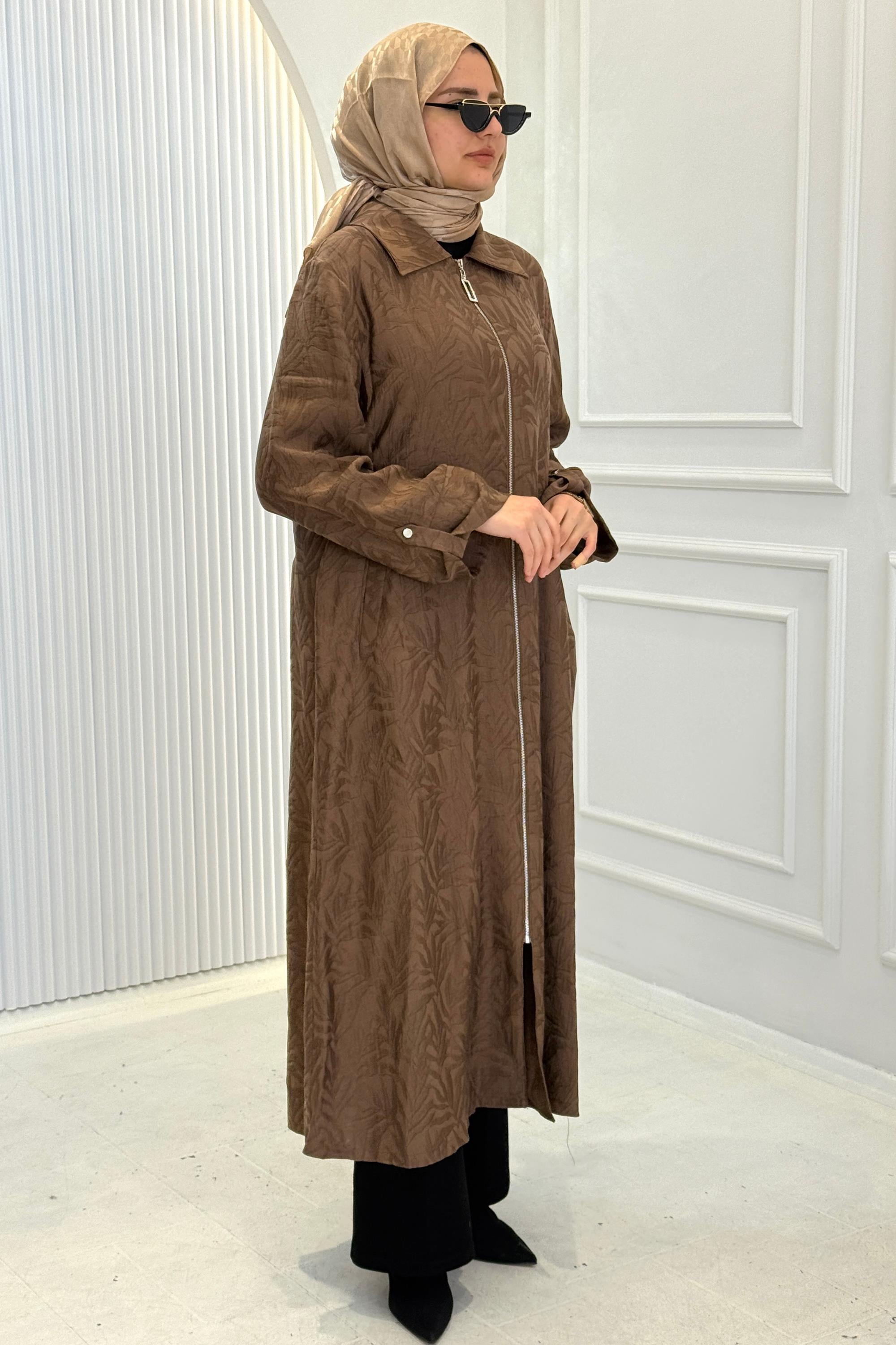 Orhan Store Jakarlı Fermuarlı Uzun Tesettür Kap Acı Kahve OTW1618