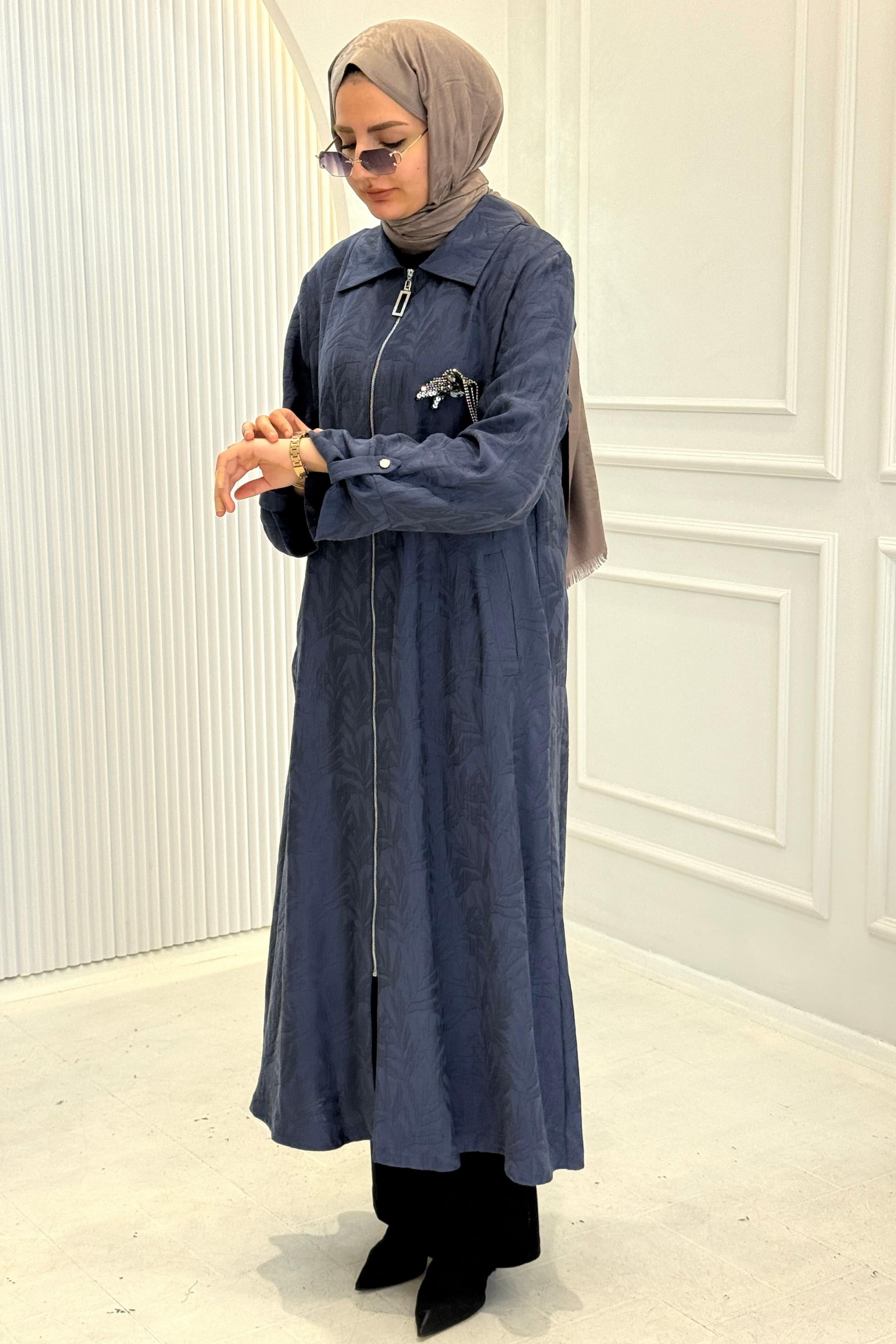 Orhan Store Jakarlı Fermuarlı Uzun Tesettür Kap İndigo OTW1618