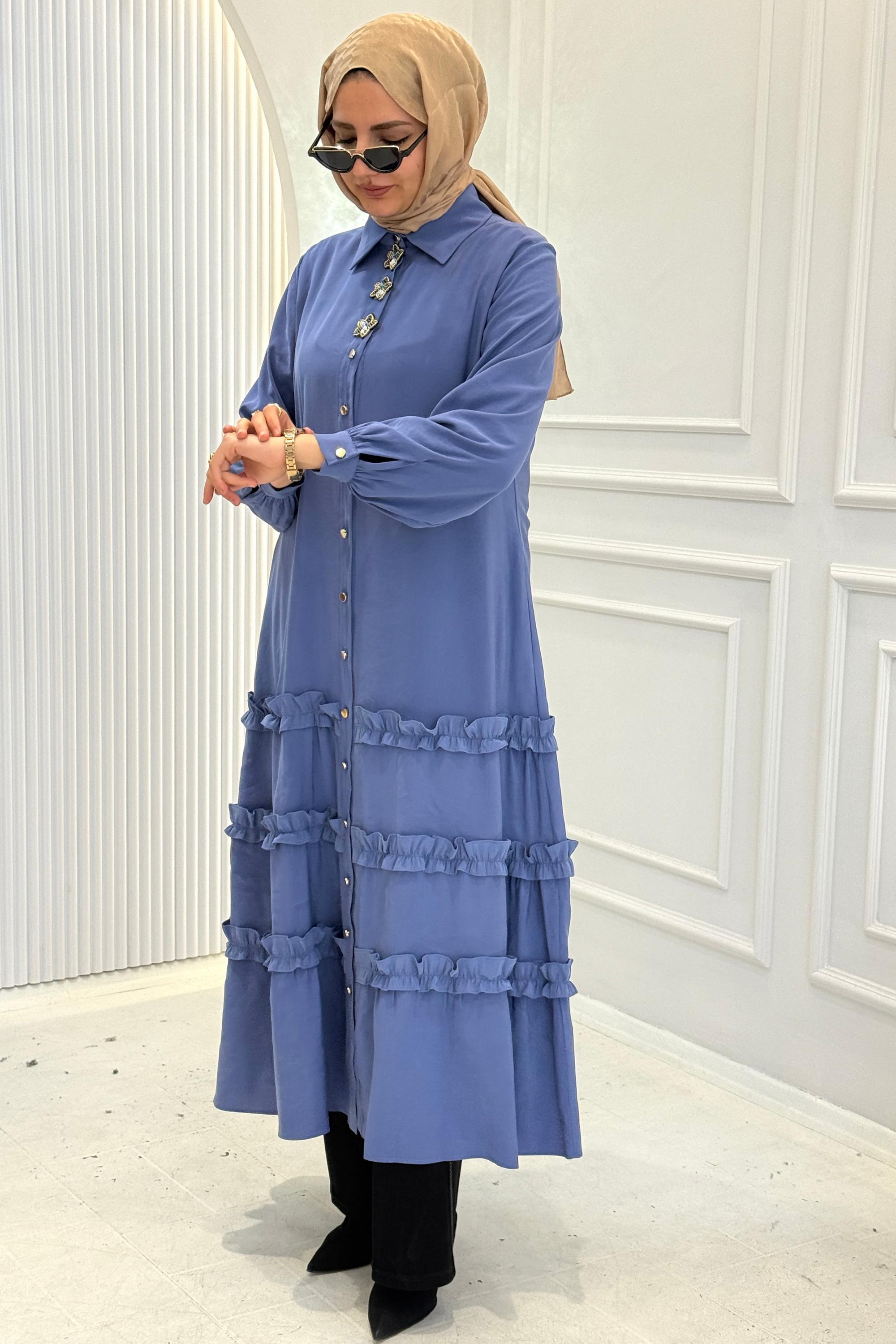 Orhan Store Kat Kat Fırfır Detaylı Tesettür Elbise İndigo OTW1818