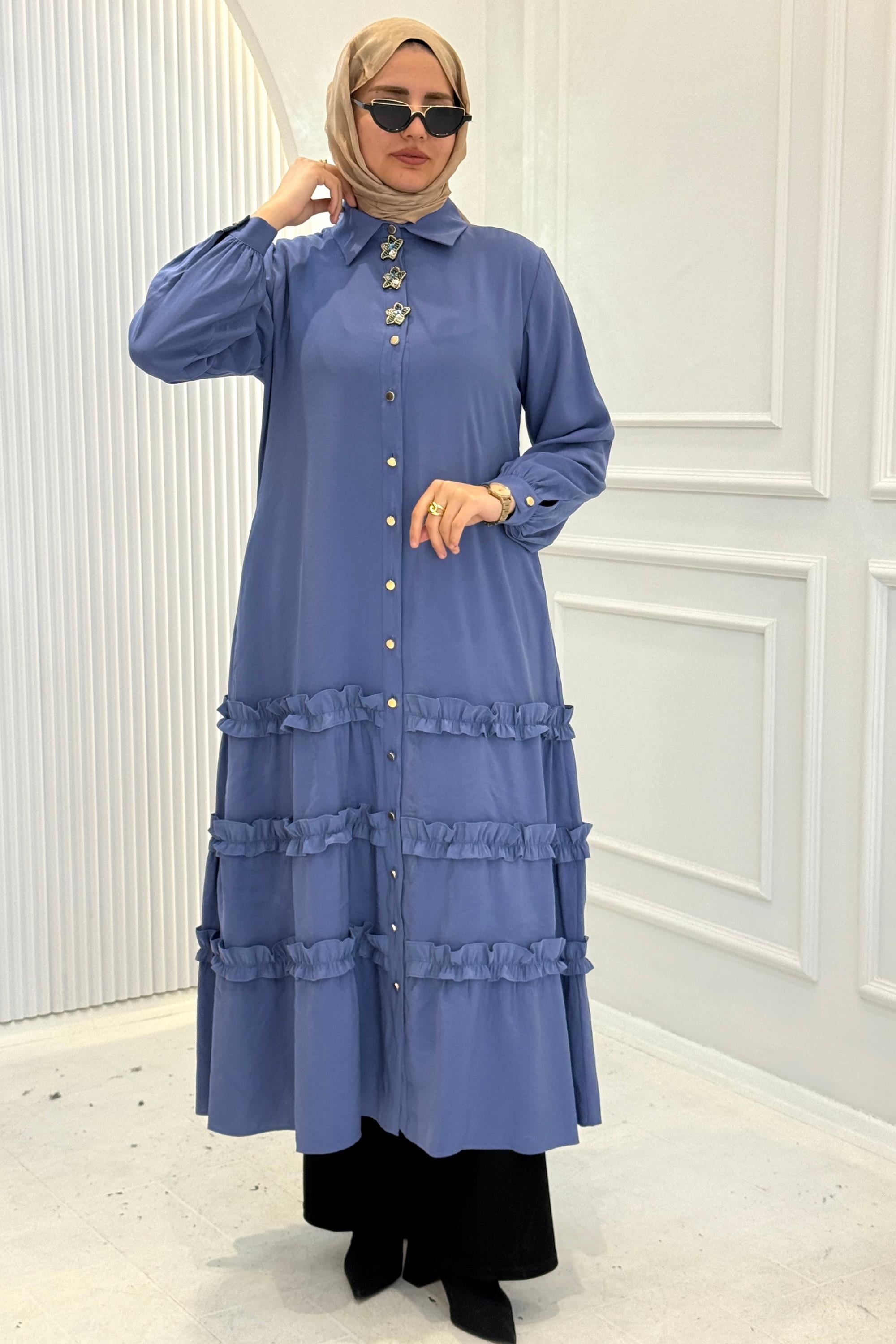 Orhan Store Kat Kat Fırfır Detaylı Tesettür Elbise İndigo OTW1818