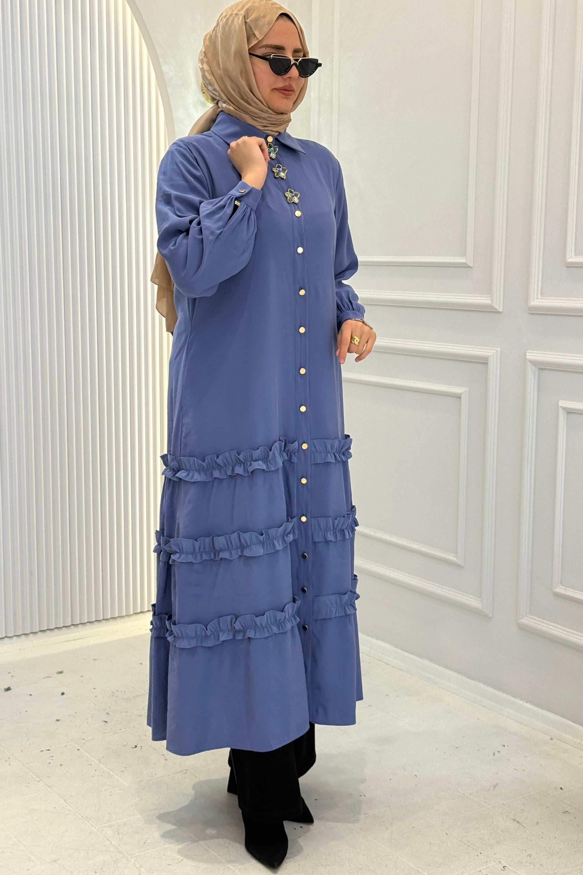 Orhan Store Kat Kat Fırfır Detaylı Tesettür Elbise İndigo OTW1818